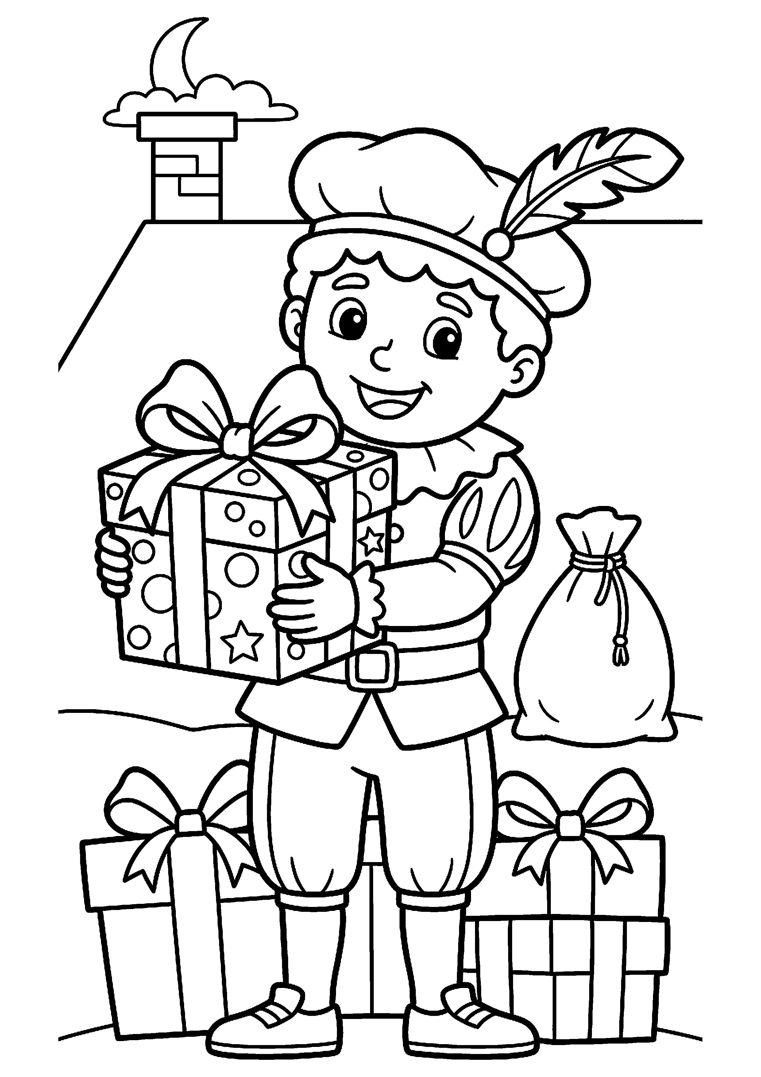 Piet met cadeautje kleurplaat — gratis kleurplaat