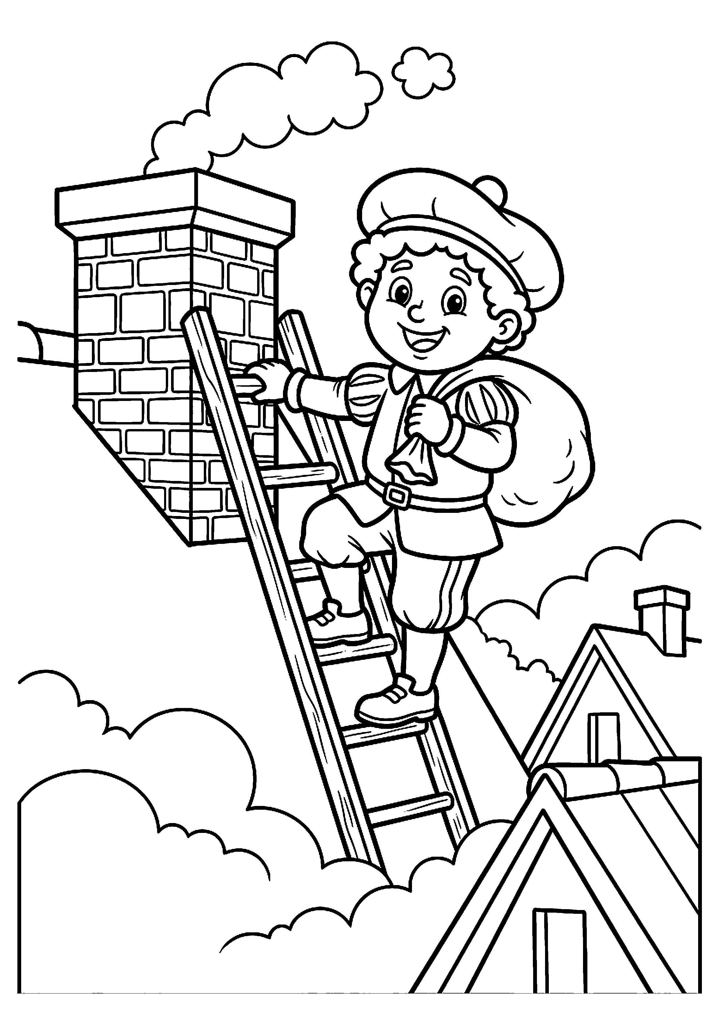 Piet op ladder bij schoorsteen kleurplaat — gratis kleurplaat