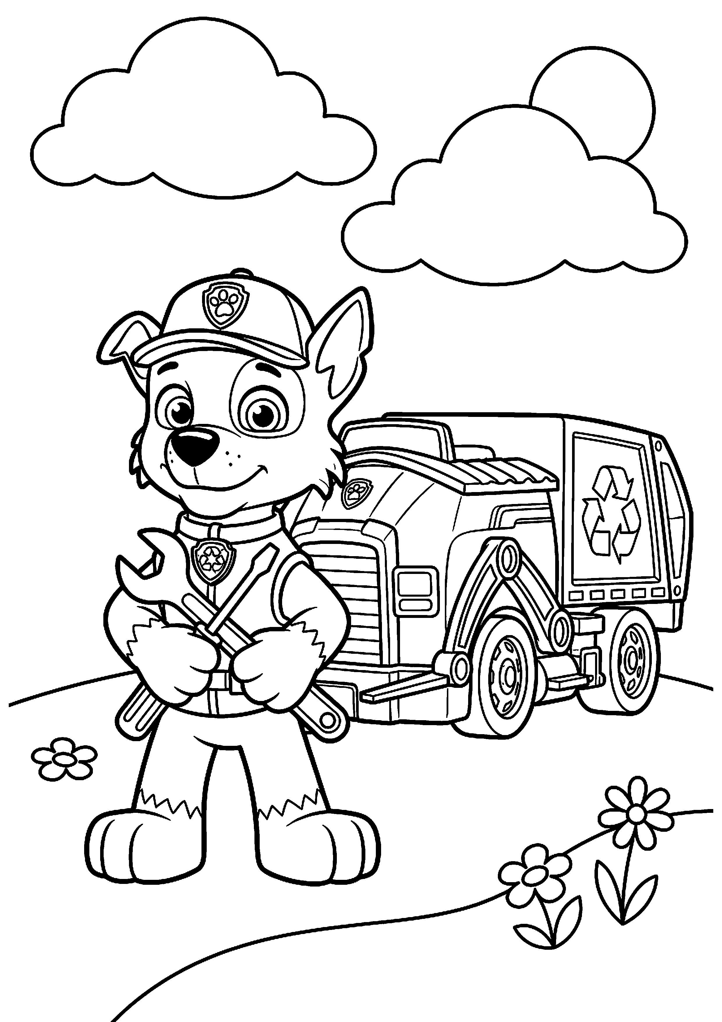 Rocky houdt gereedschap vast naast recyclewagen kleurplaat — gratis kleurplaat