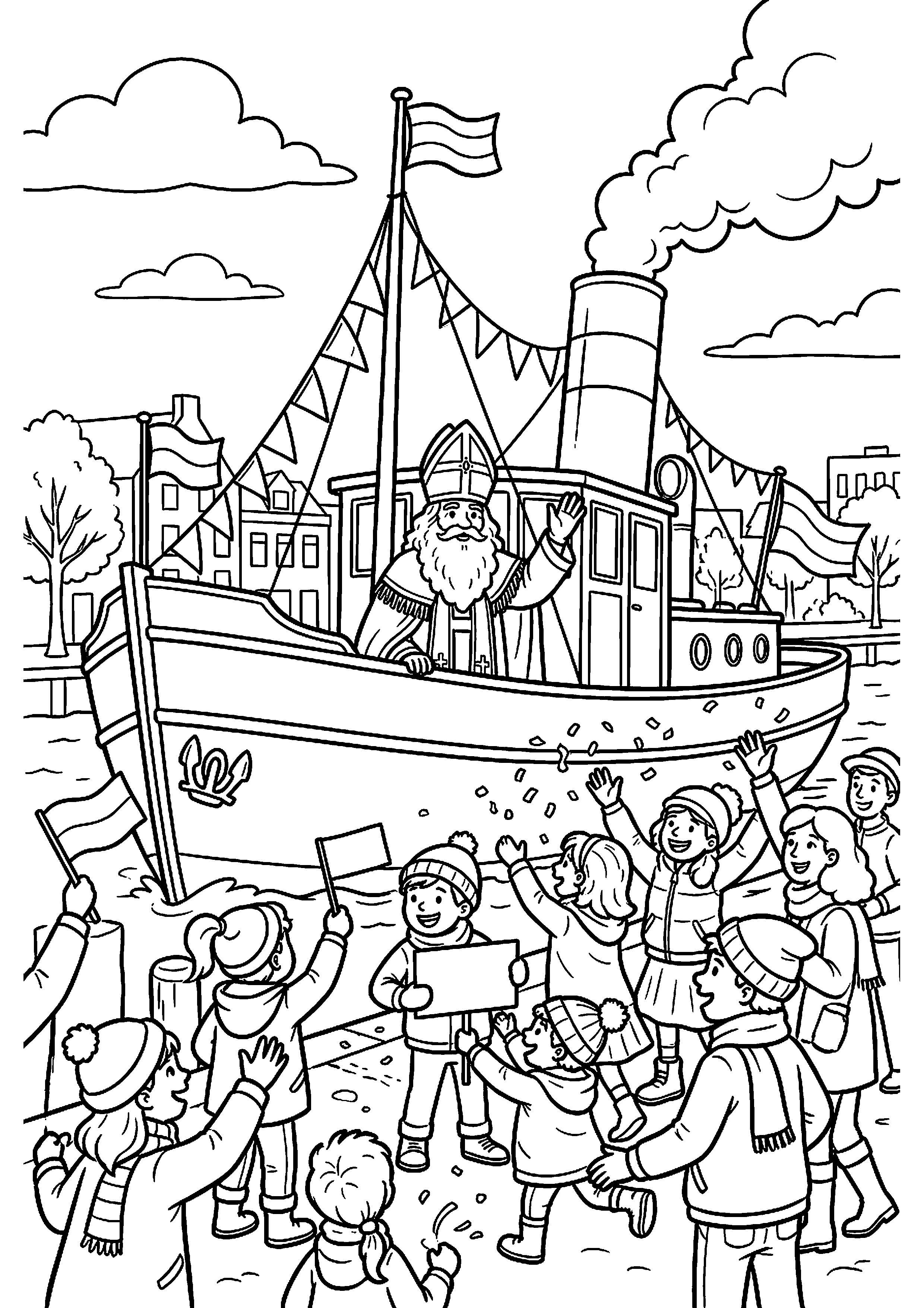 Sinterklaas aankomst met boot en publiek kleurplaat — gratis kleurplaat