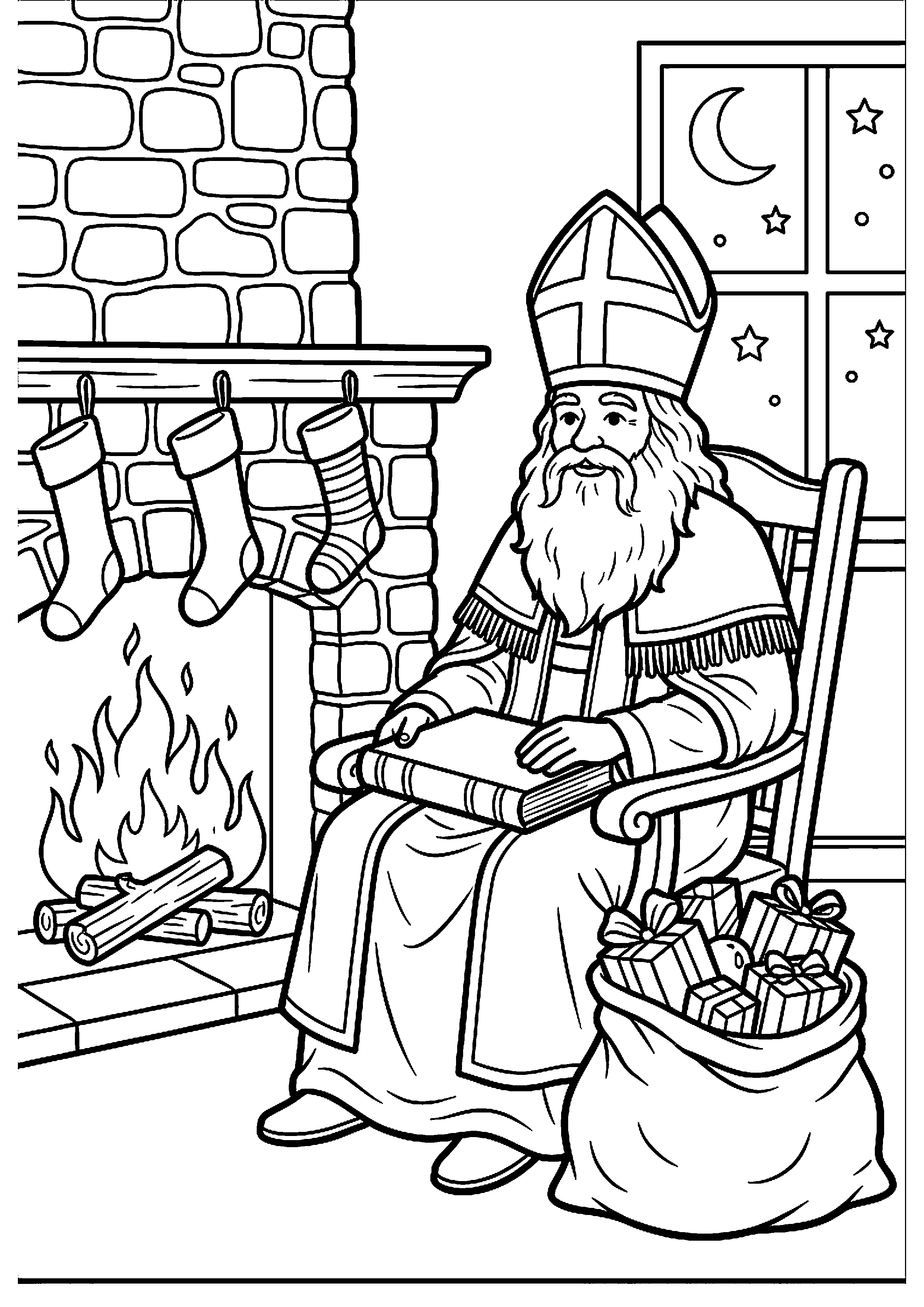 Sinterklaas bij de open haard kleurplaat — gratis kleurplaat