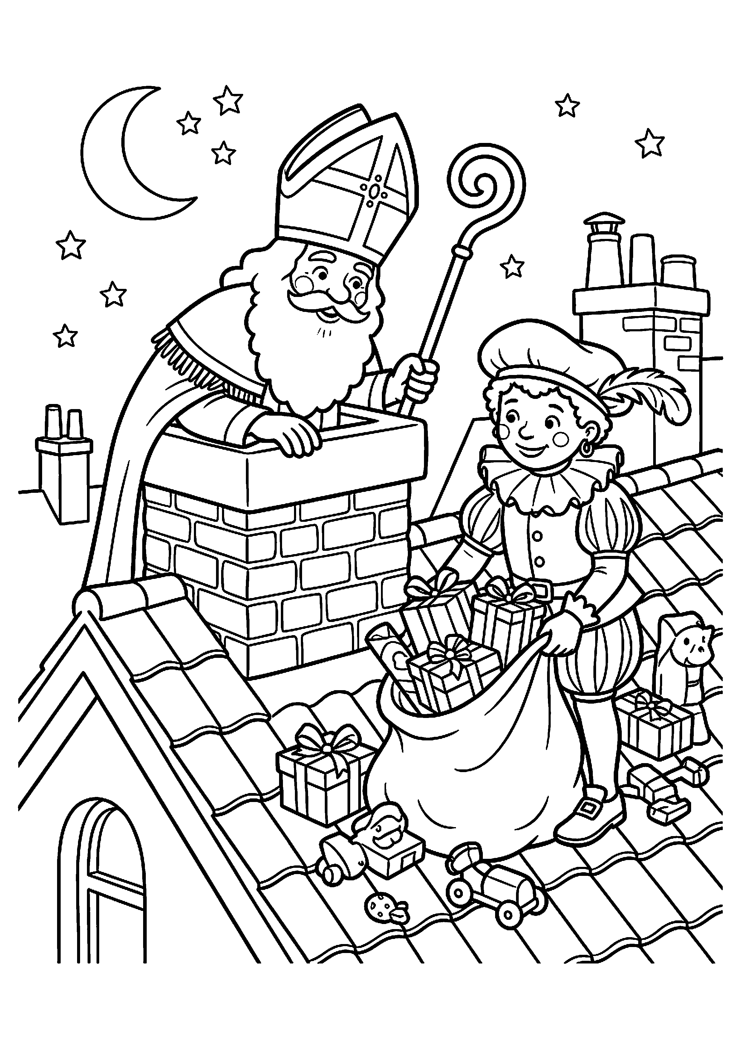 Sinterklaas en Piet op het dak met cadeautjes kleurplaat — gratis kleurplaat