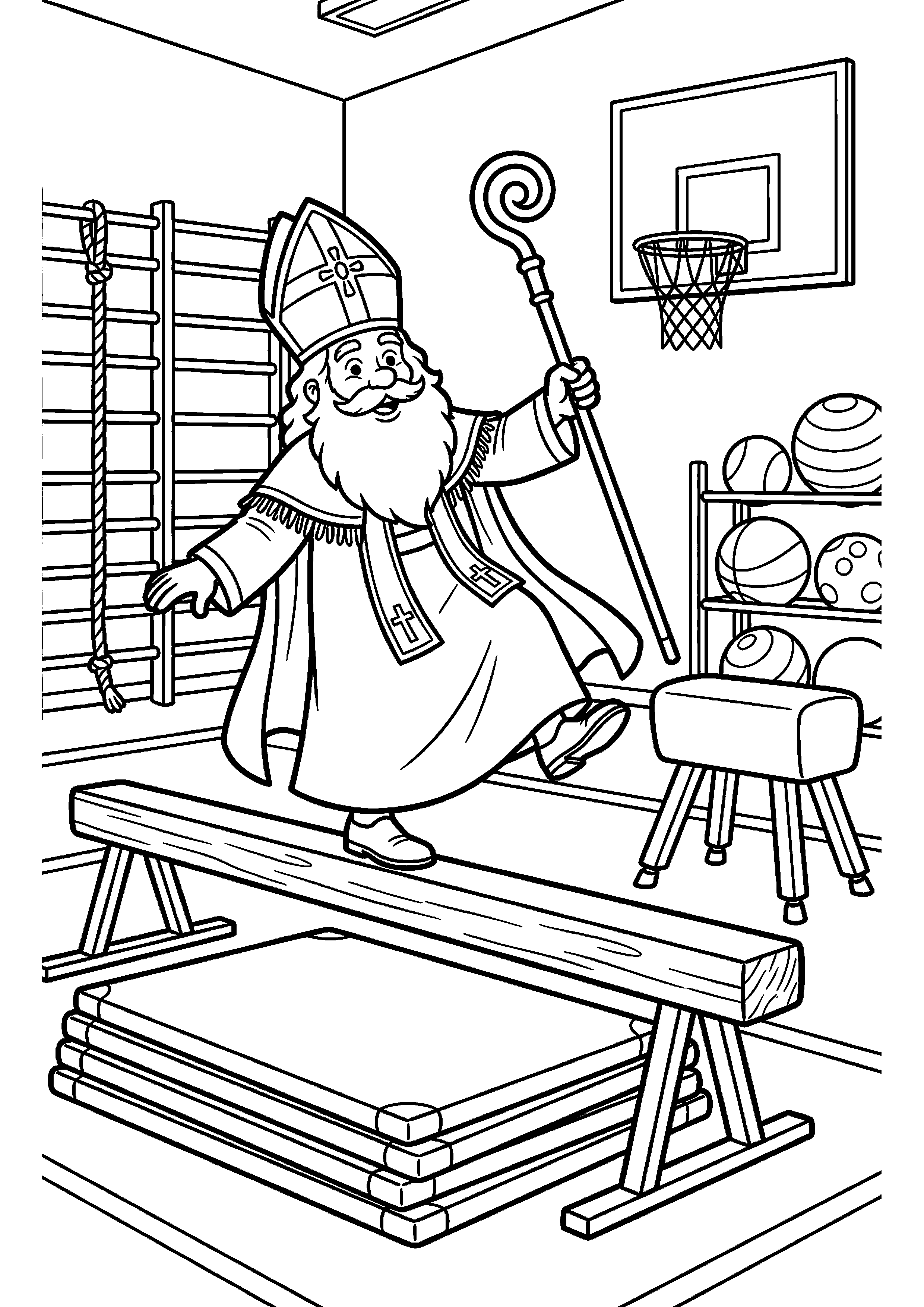 Sinterklaas in de gymzaal kleurplaat — gratis kleurplaat