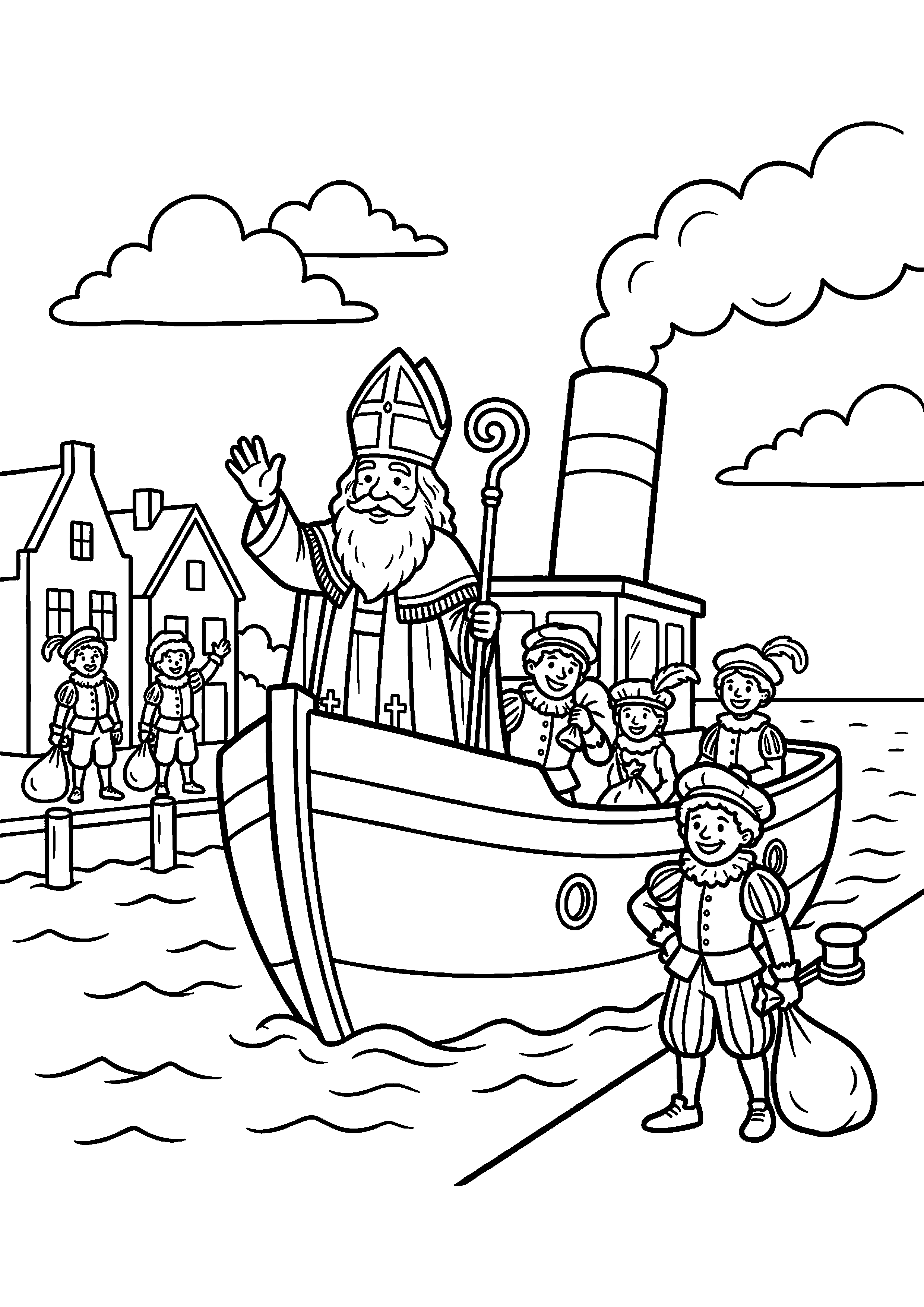 Sinterklaas komt aan in de haven kleurplaat — gratis kleurplaat