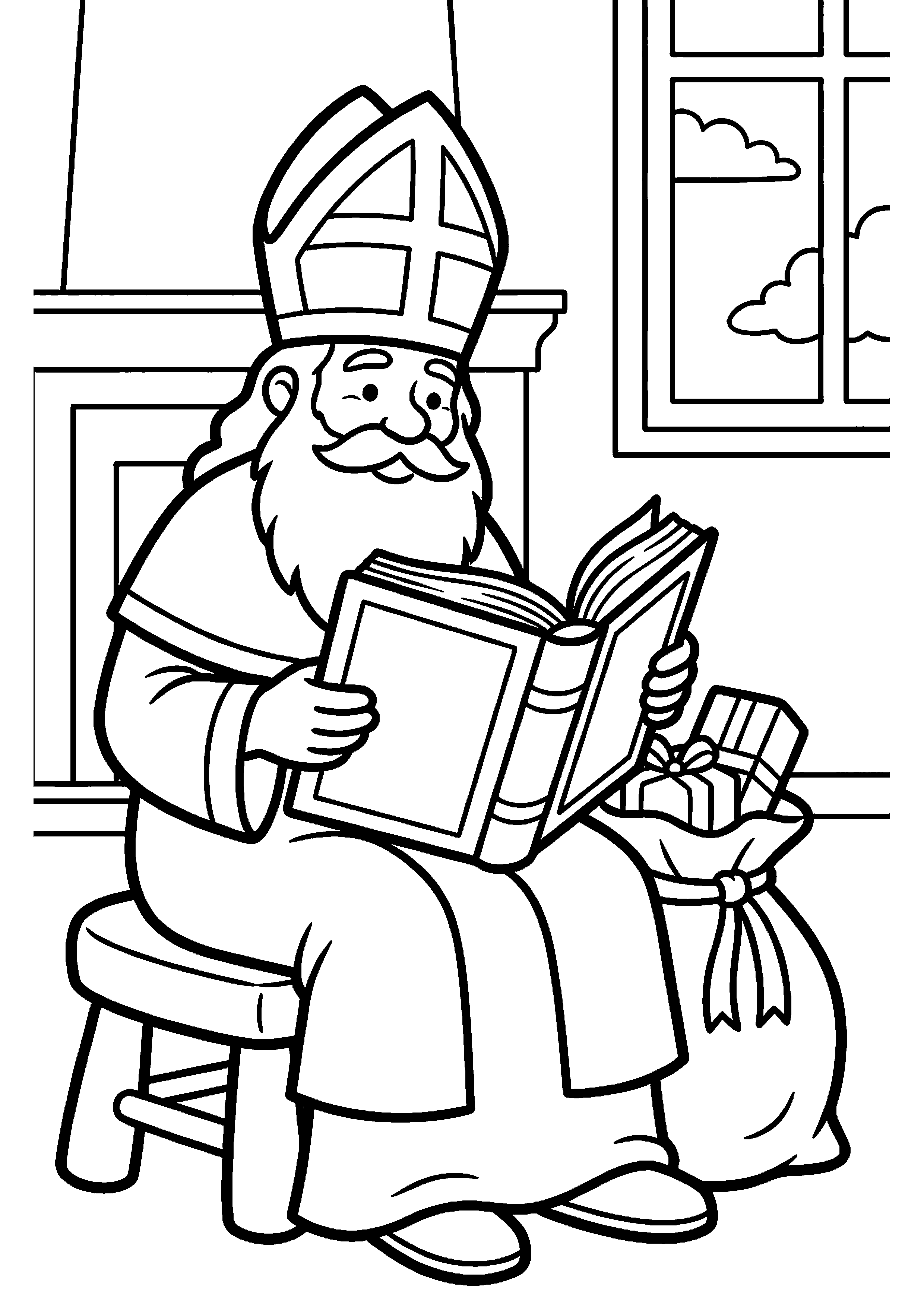 Sinterklaas leest uit het grote boek kleurplaat — gratis kleurplaat