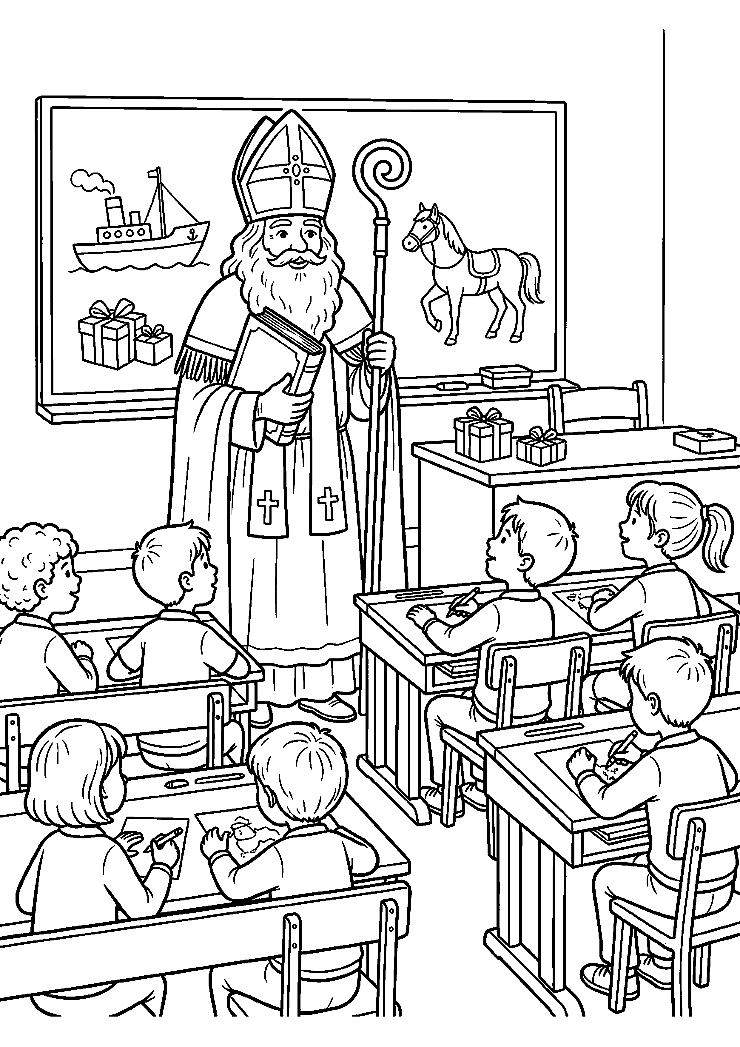 Sinterklaas met kinderen in de klas kleurplaat — gratis kleurplaat