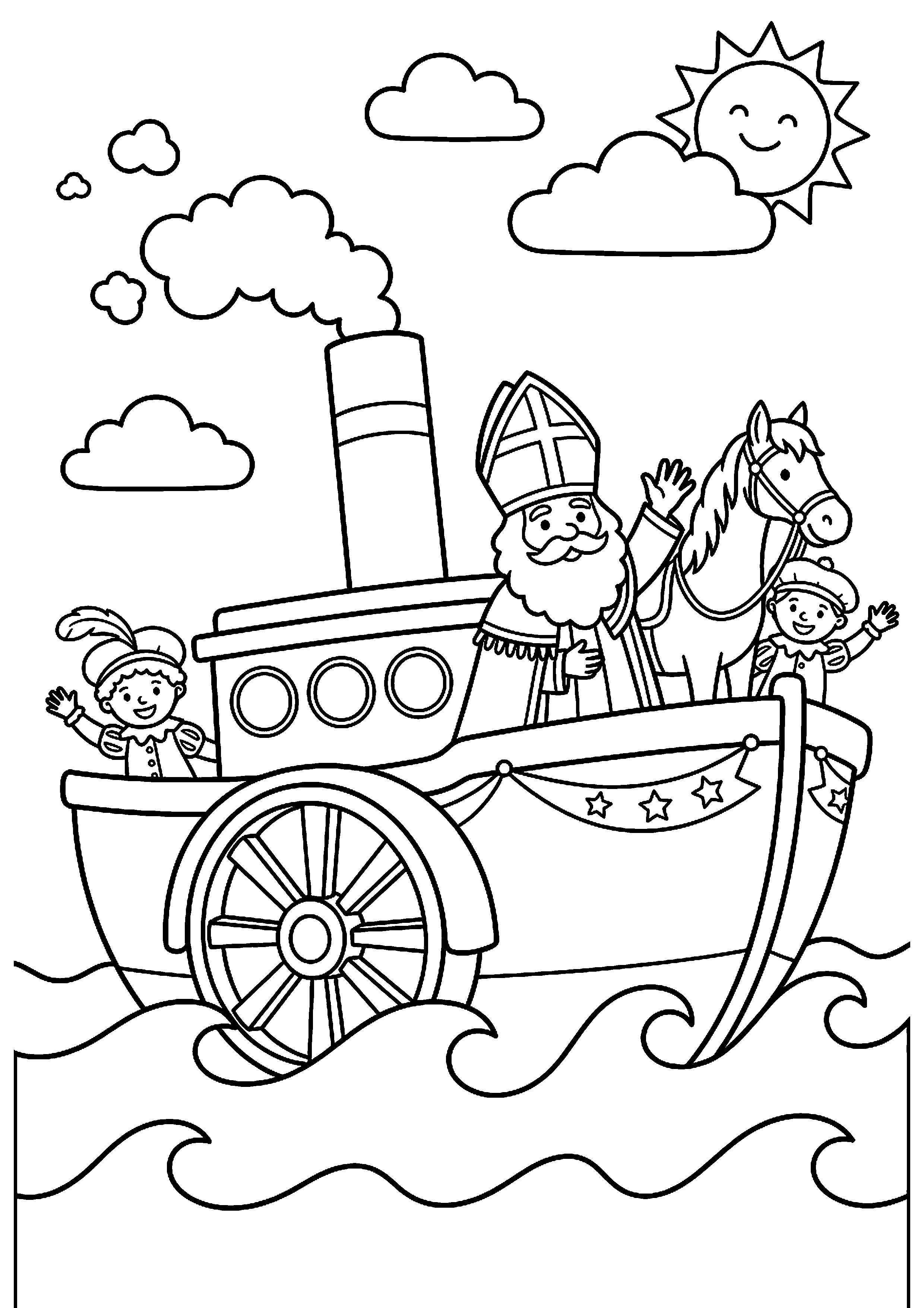 Sinterklaas op de stoomboot kleurplaat — gratis kleurplaat