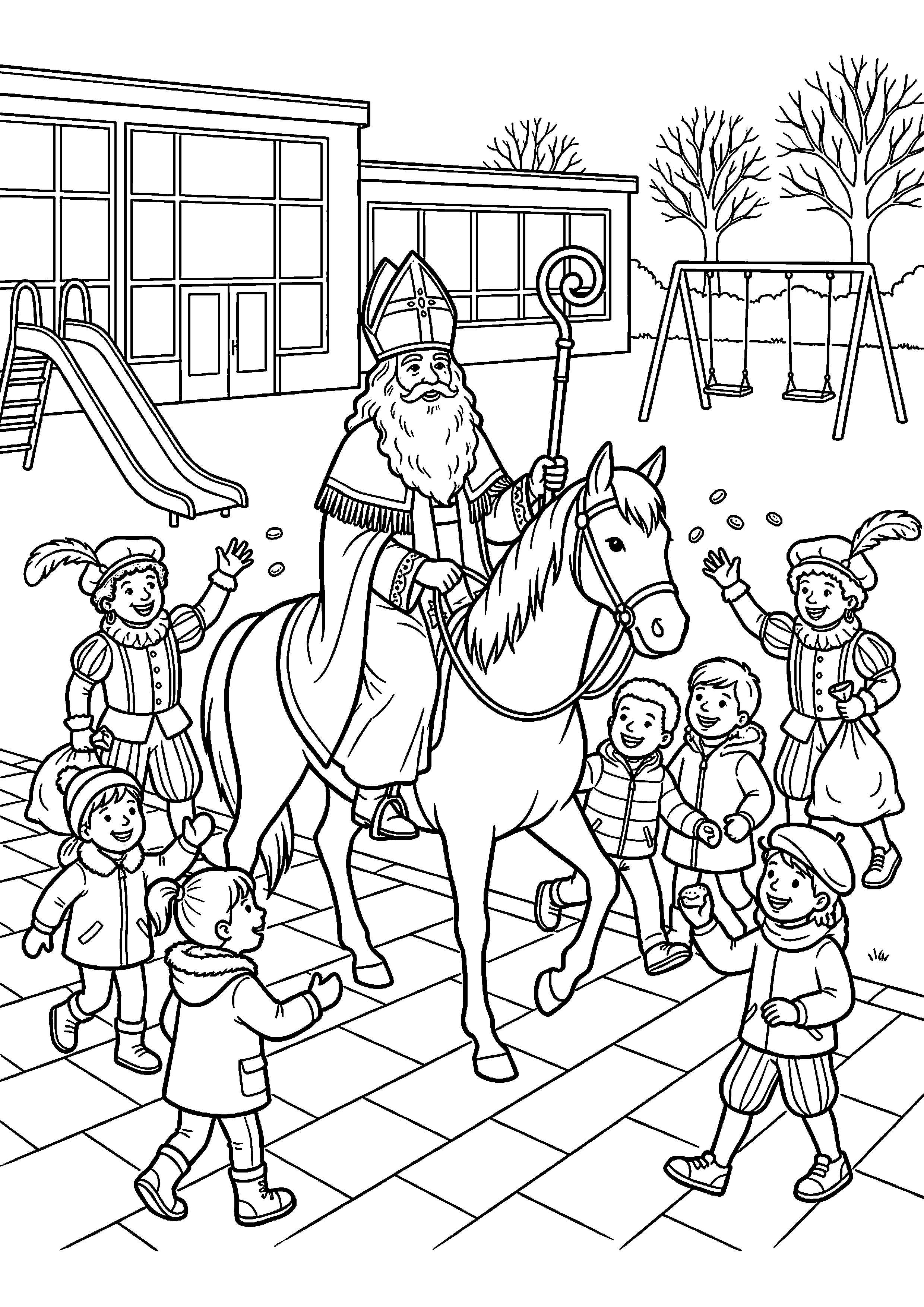 Sinterklaas op het schoolplein kleurplaat — gratis kleurplaat