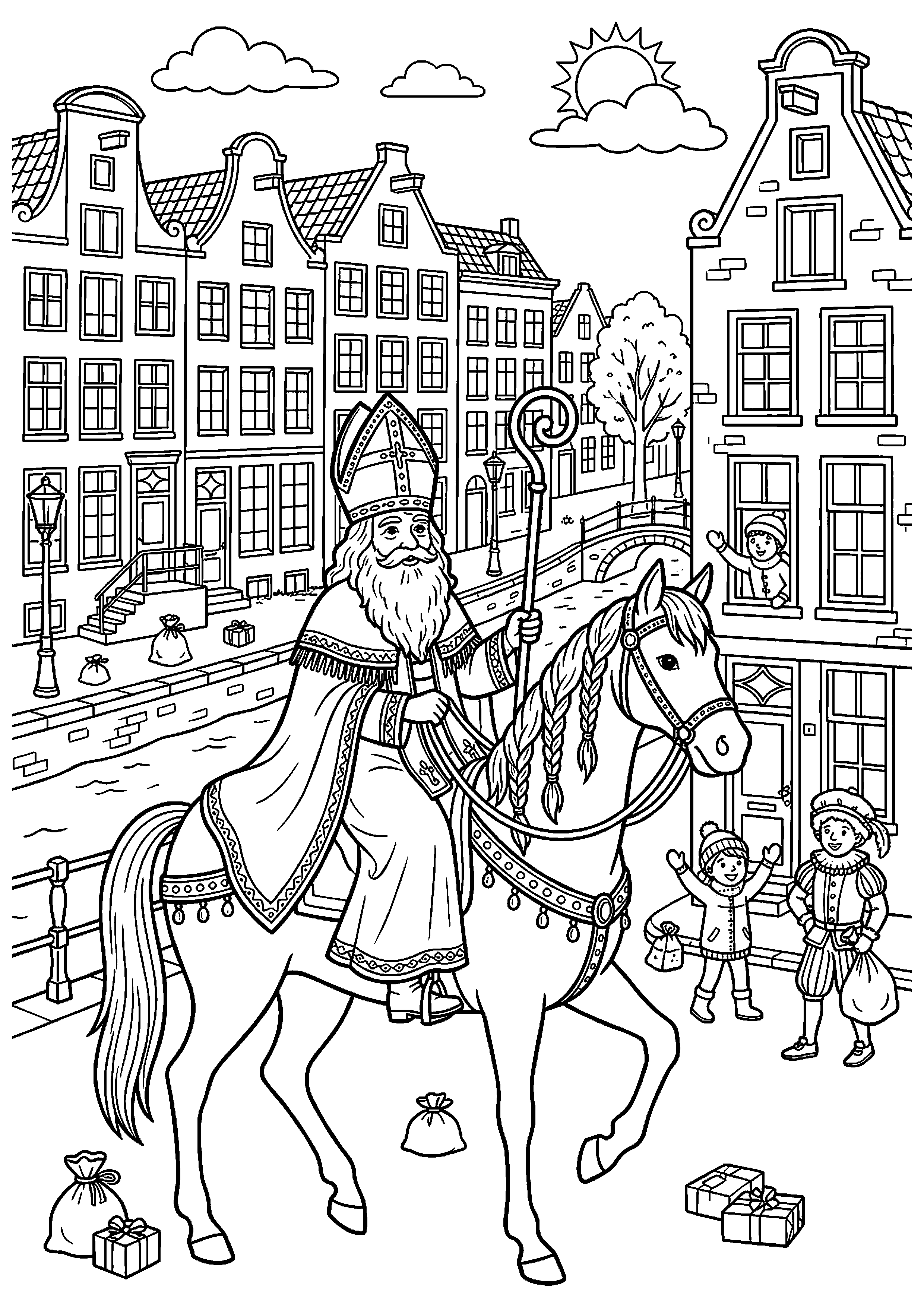 Sinterklaas op Ozosnel door de stad kleurplaat — gratis kleurplaat