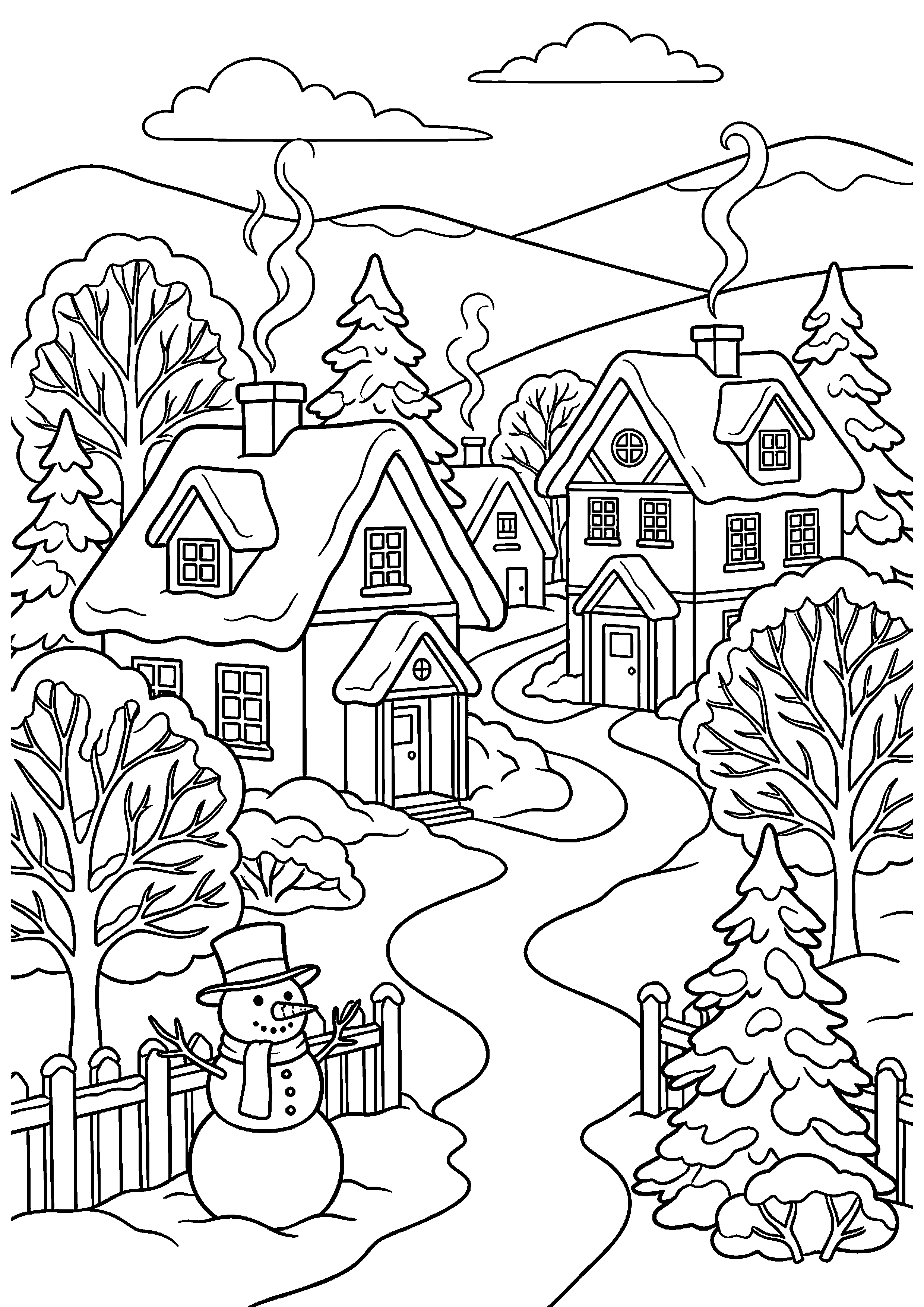 Sneeuwlandschap met huisjes en bomen kleurplaat — gratis kleurplaat