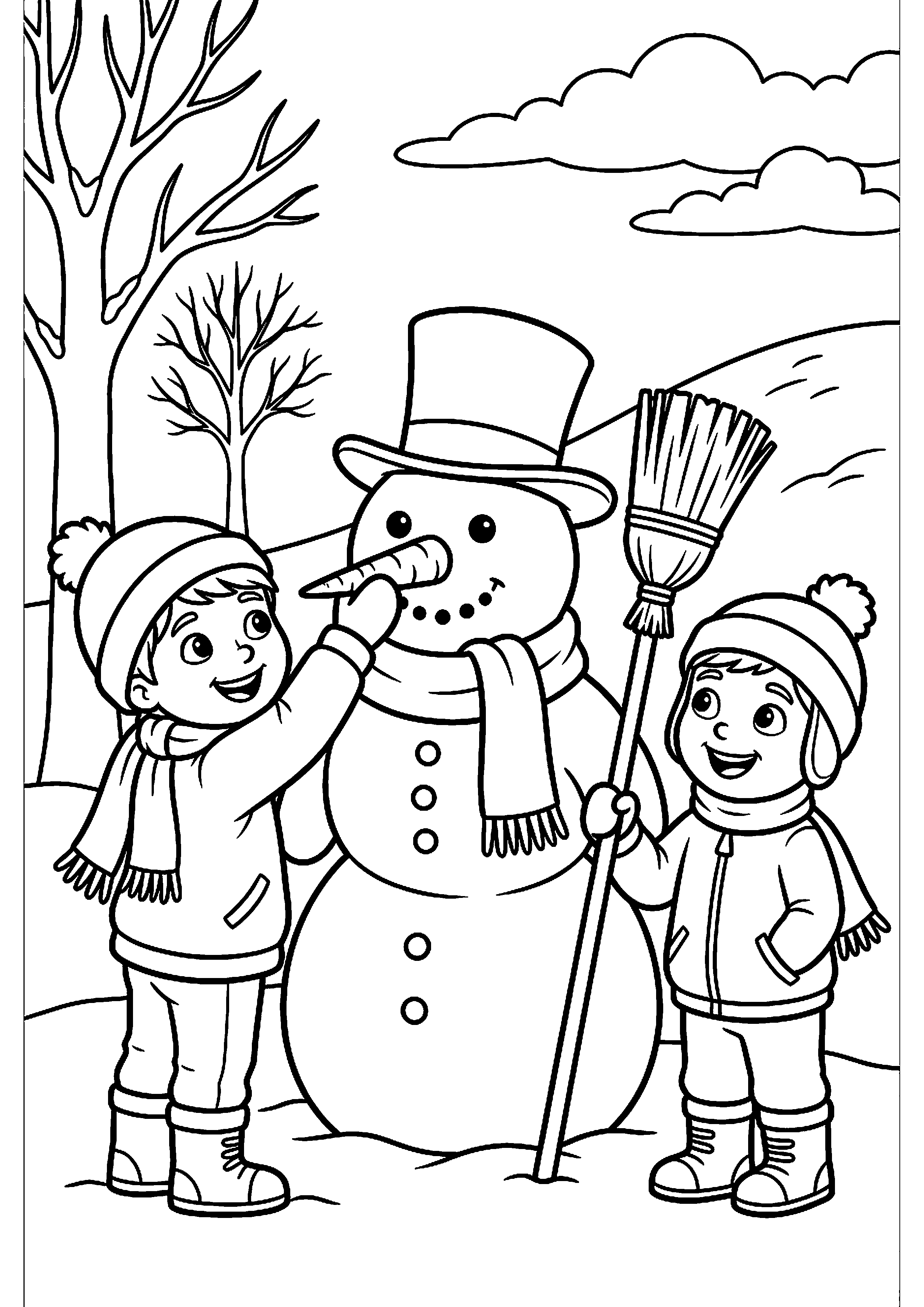 Sneeuwpop met kinderen ernaast kleurplaat — gratis kleurplaat