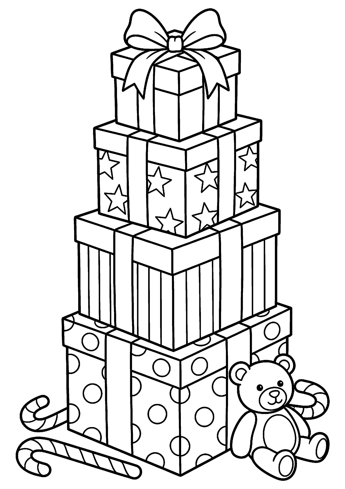 Stapel cadeaus kleurplaat