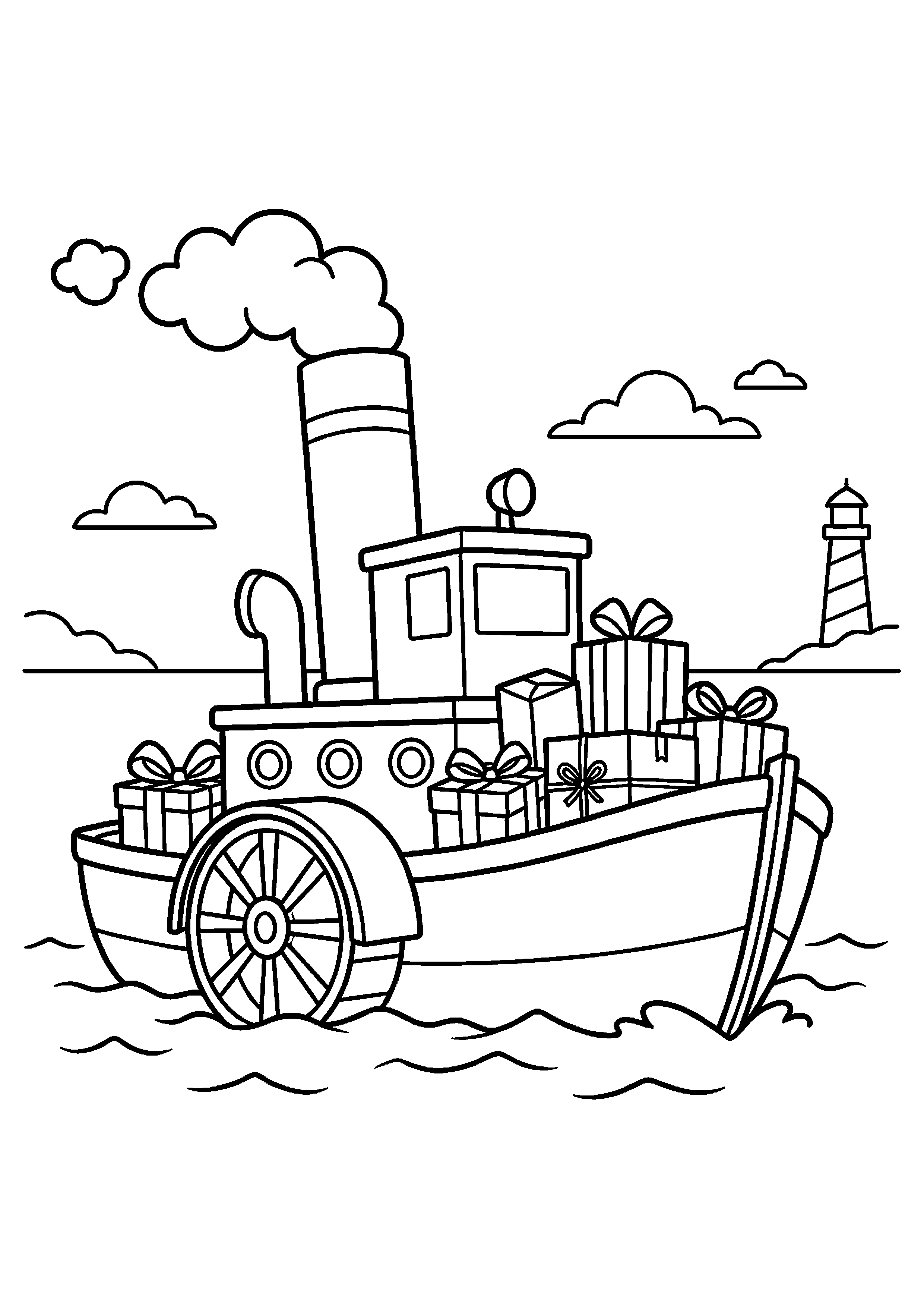 Stoomboot met cadeautjes kleurplaat — gratis kleurplaat