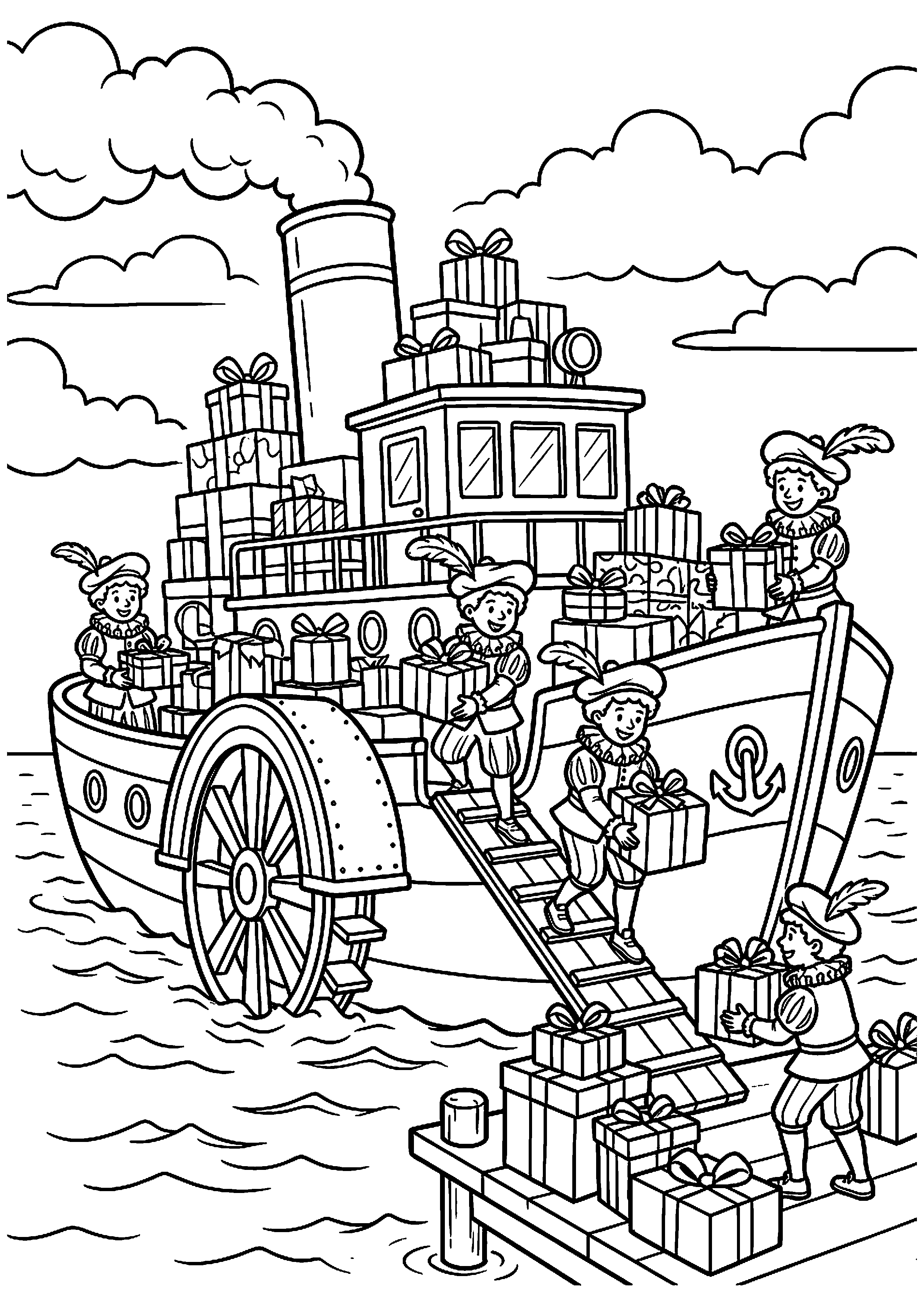 Stoomboot vol cadeautjes en Pieten kleurplaat — gratis kleurplaat