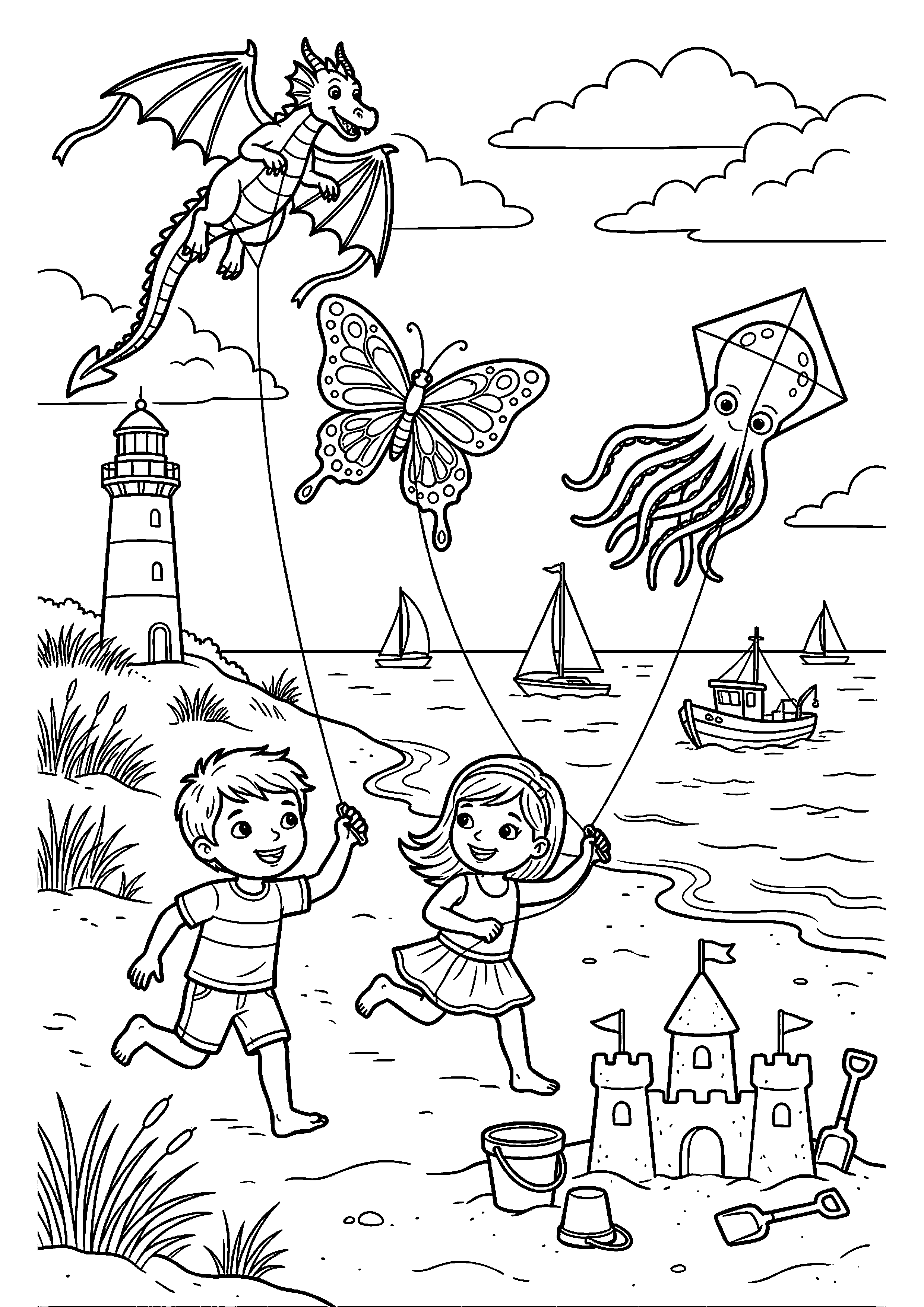 Stranddag met vliegers, zee en boten kleurplaat — gratis kleurplaat