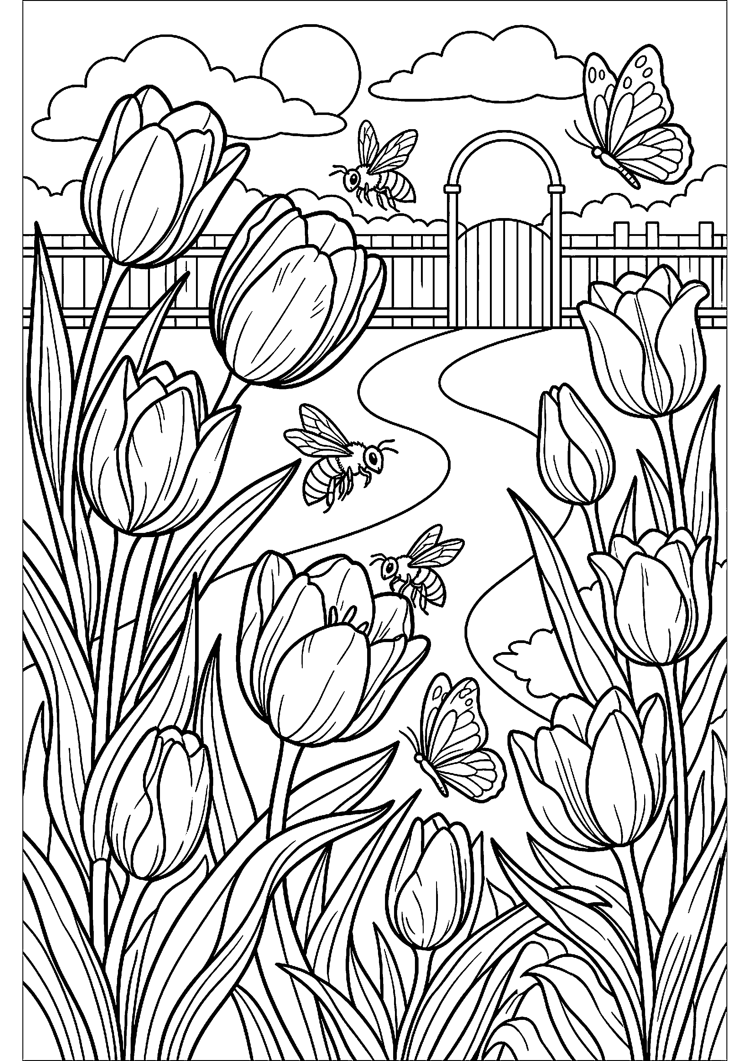 Tuin vol tulpen, bijen en vlinders kleurplaat — gratis kleurplaat