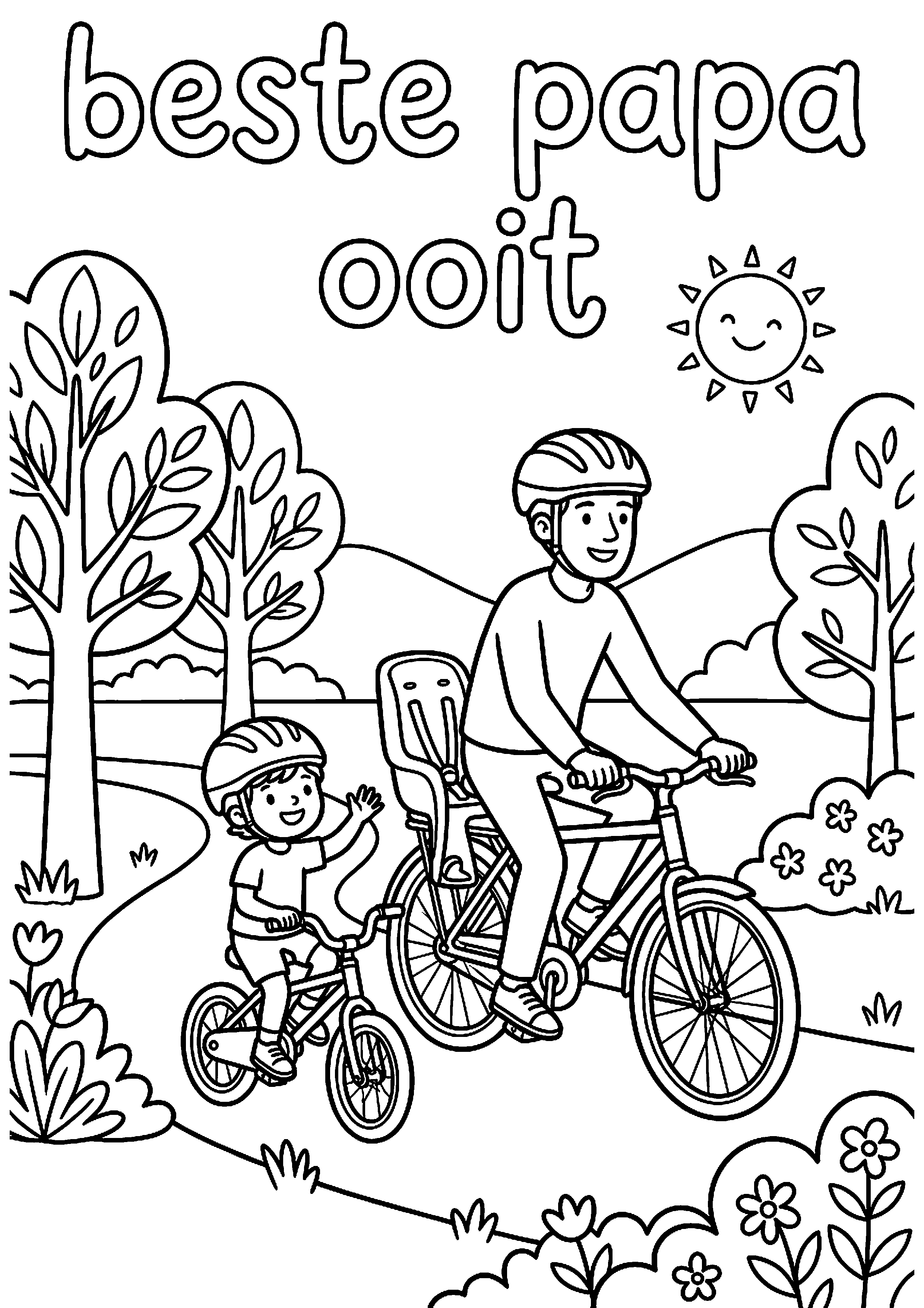 Vader en kind fietsen samen met tekst beste papa ooit kleurplaat — gratis kleurplaat