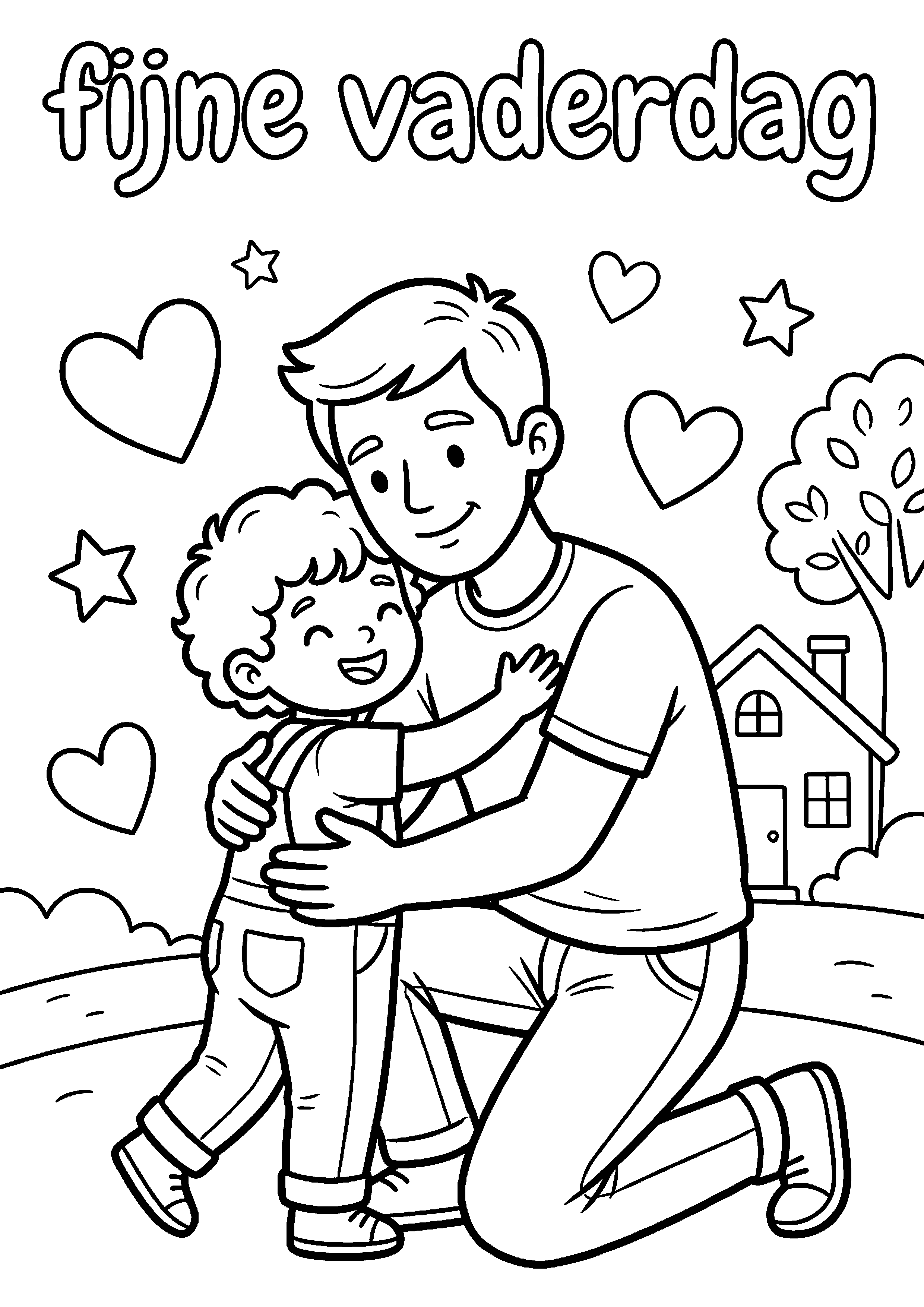 Vader en kind geven knuffel met tekst fijne vaderdag kleurplaat — gratis kleurplaat