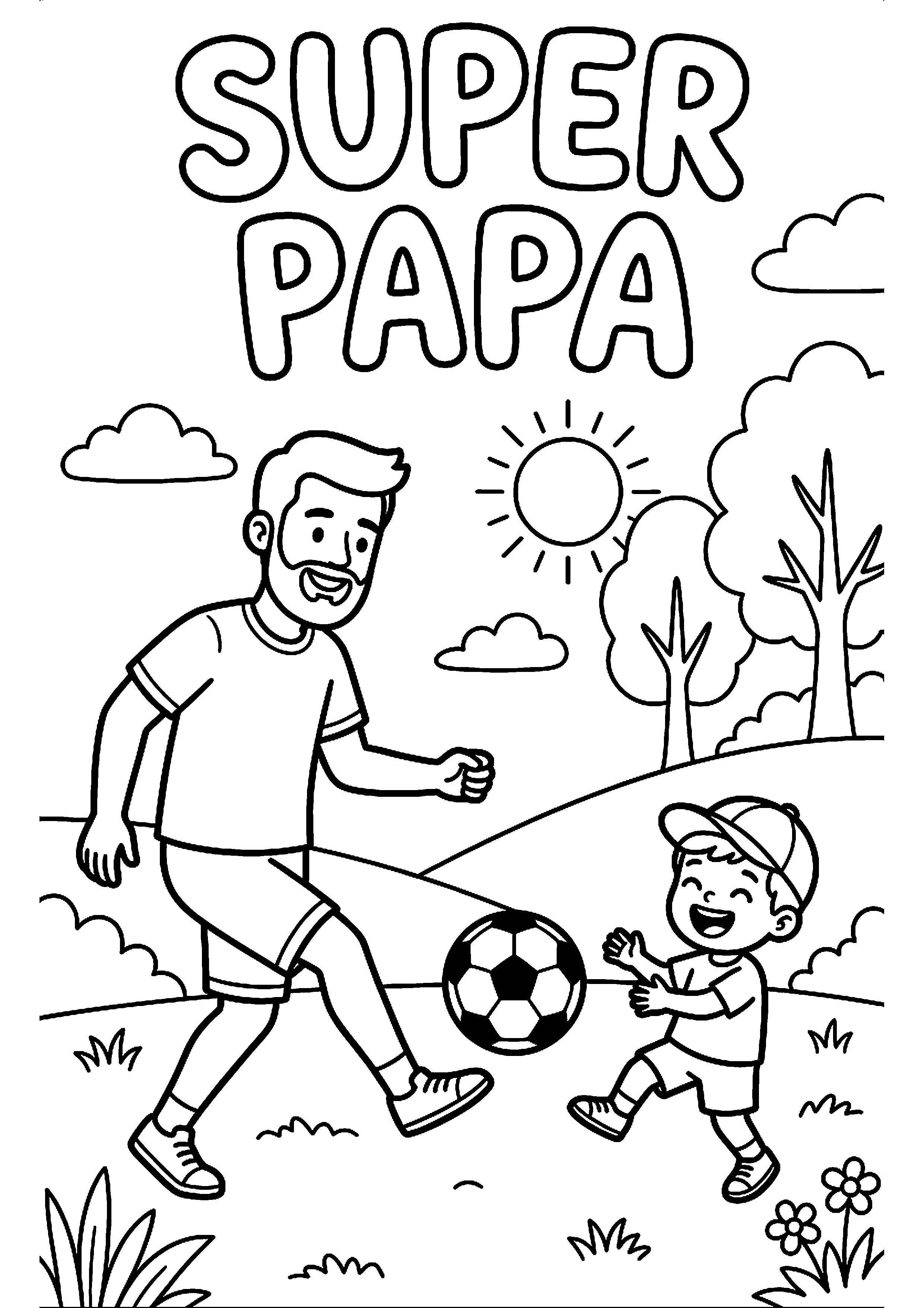 Vader en kind spelen voetbal met tekst super papa kleurplaat — gratis kleurplaat