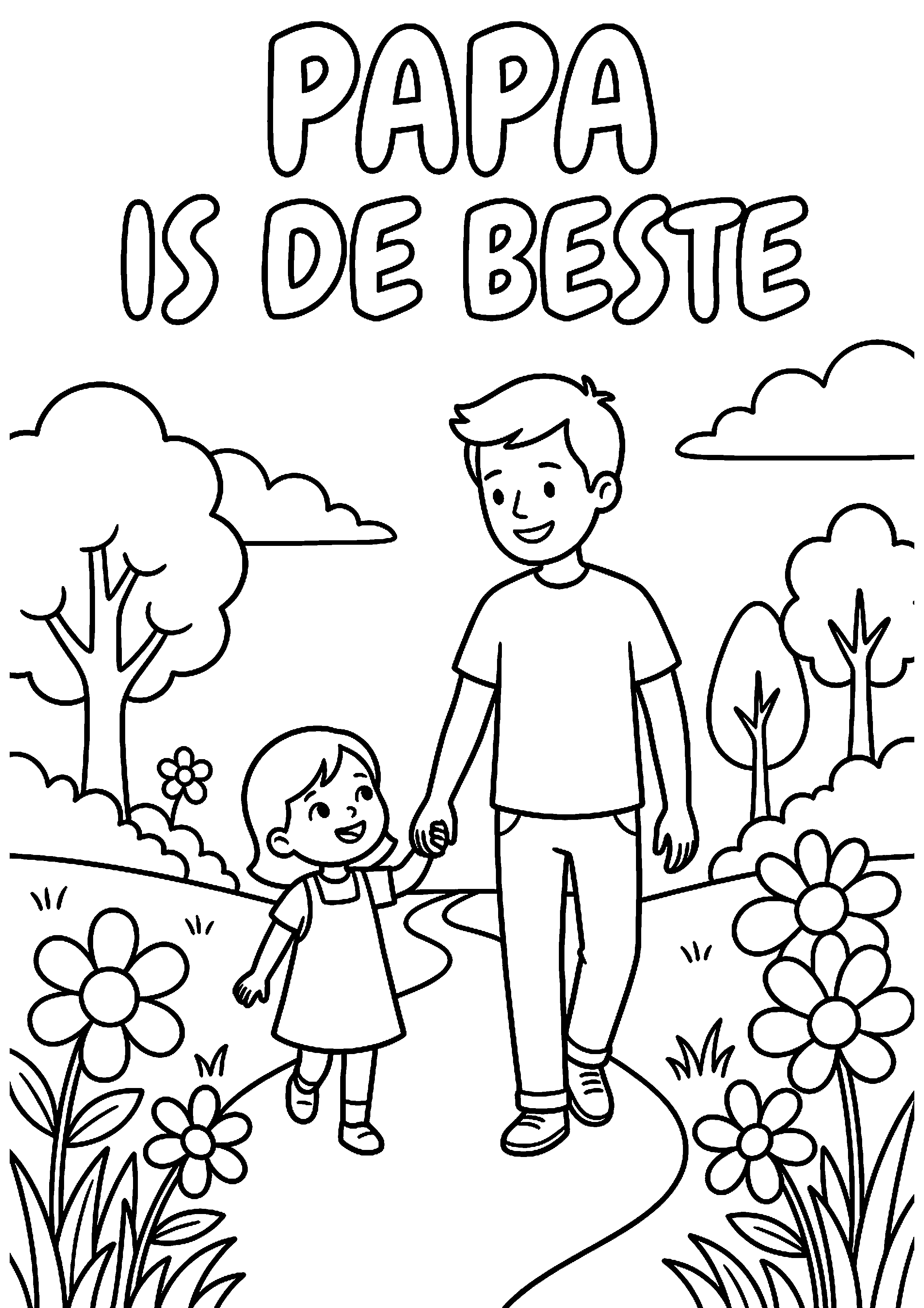 Vader en kind wandelen samen met tekst papa is de beste kleurplaat — gratis kleurplaat