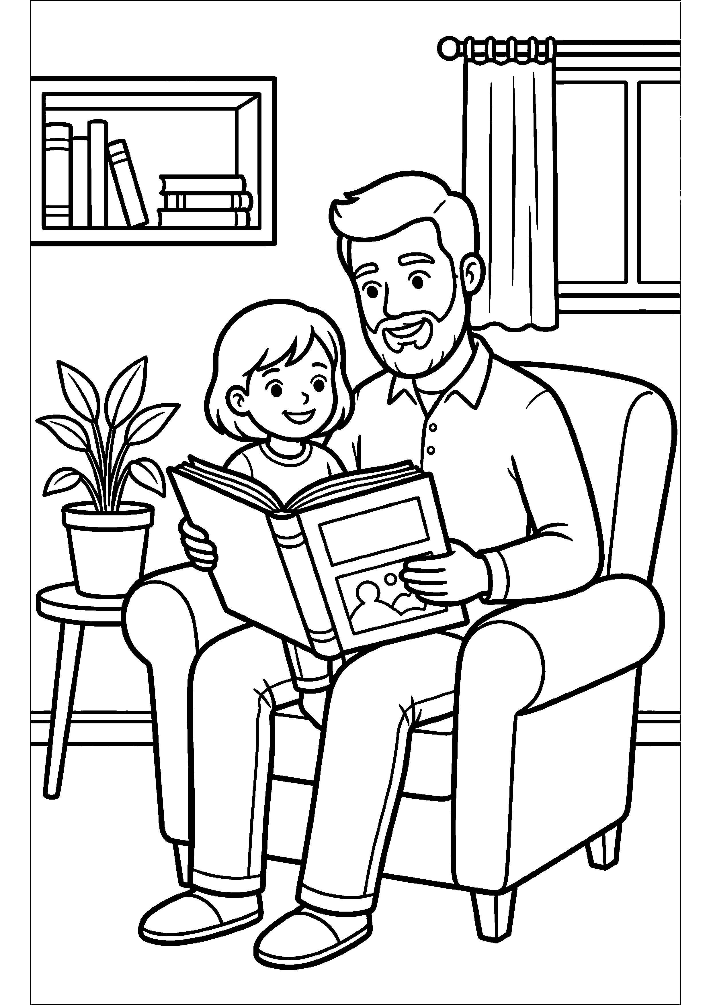 Vader leest boek met kind kleurplaat — gratis kleurplaat