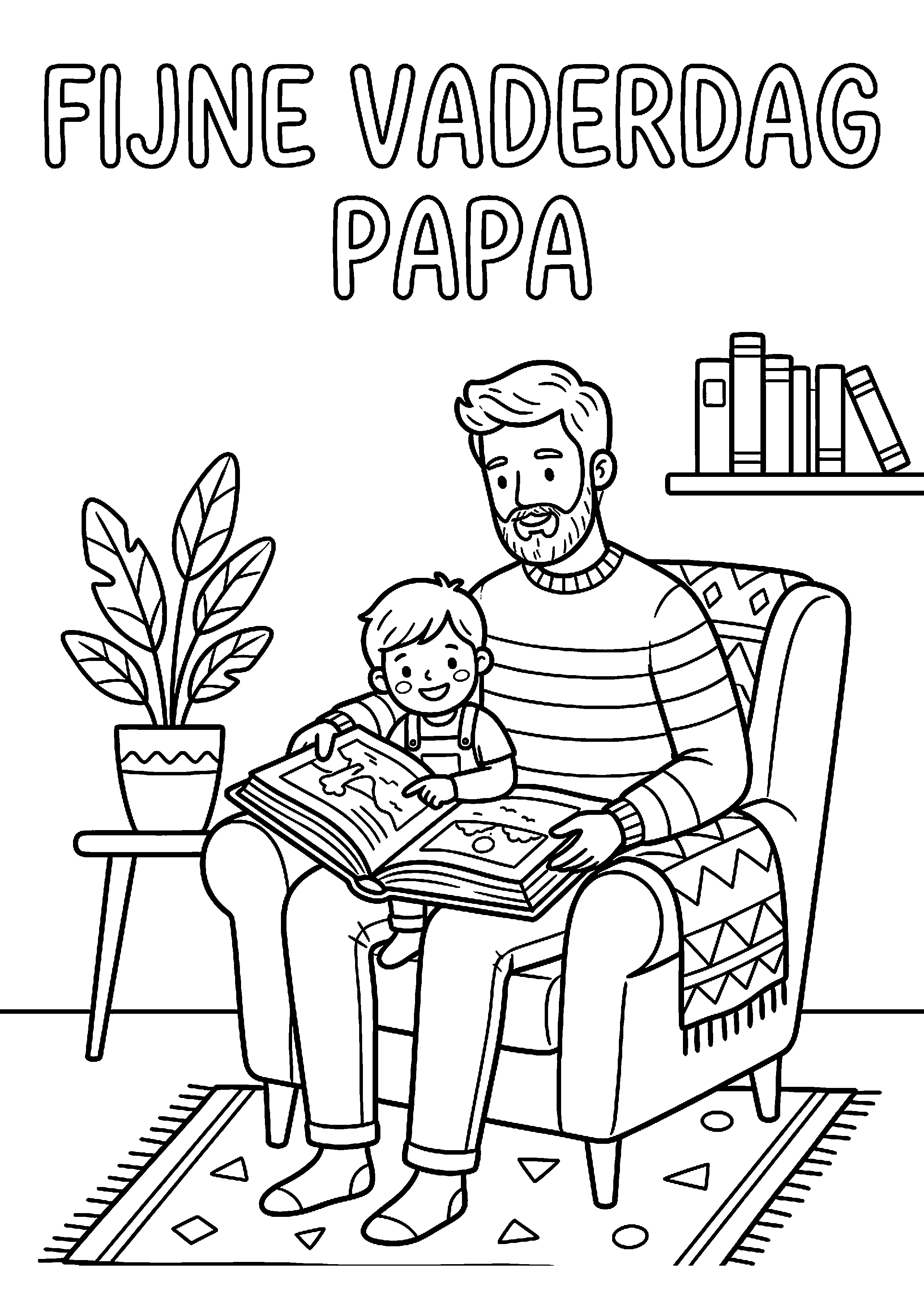 Vader leest boek met kind met tekst fijne vaderdag papa kleurplaat — gratis kleurplaat