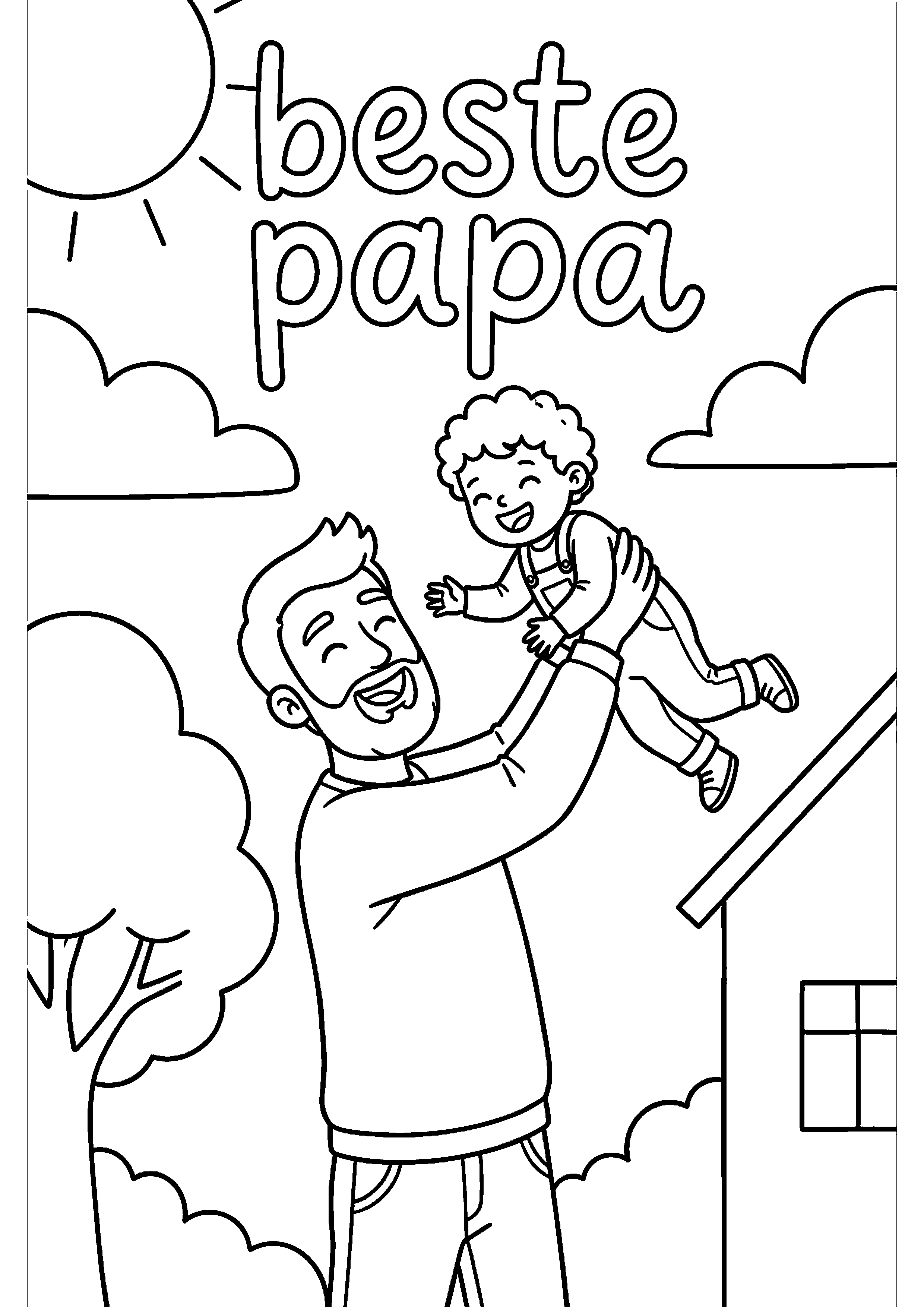 Vader tilt kind omhoog met tekst beste papa kleurplaat — gratis kleurplaat