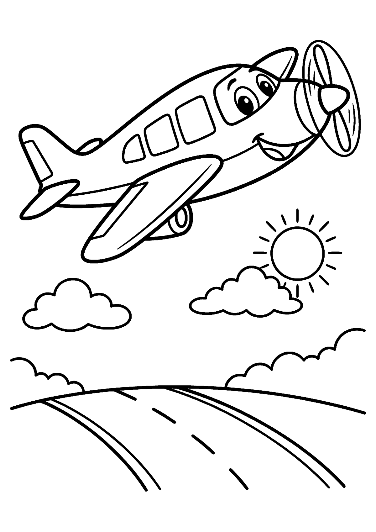 Vliegtuig stijgt op kleurplaat — gratis kleurplaat