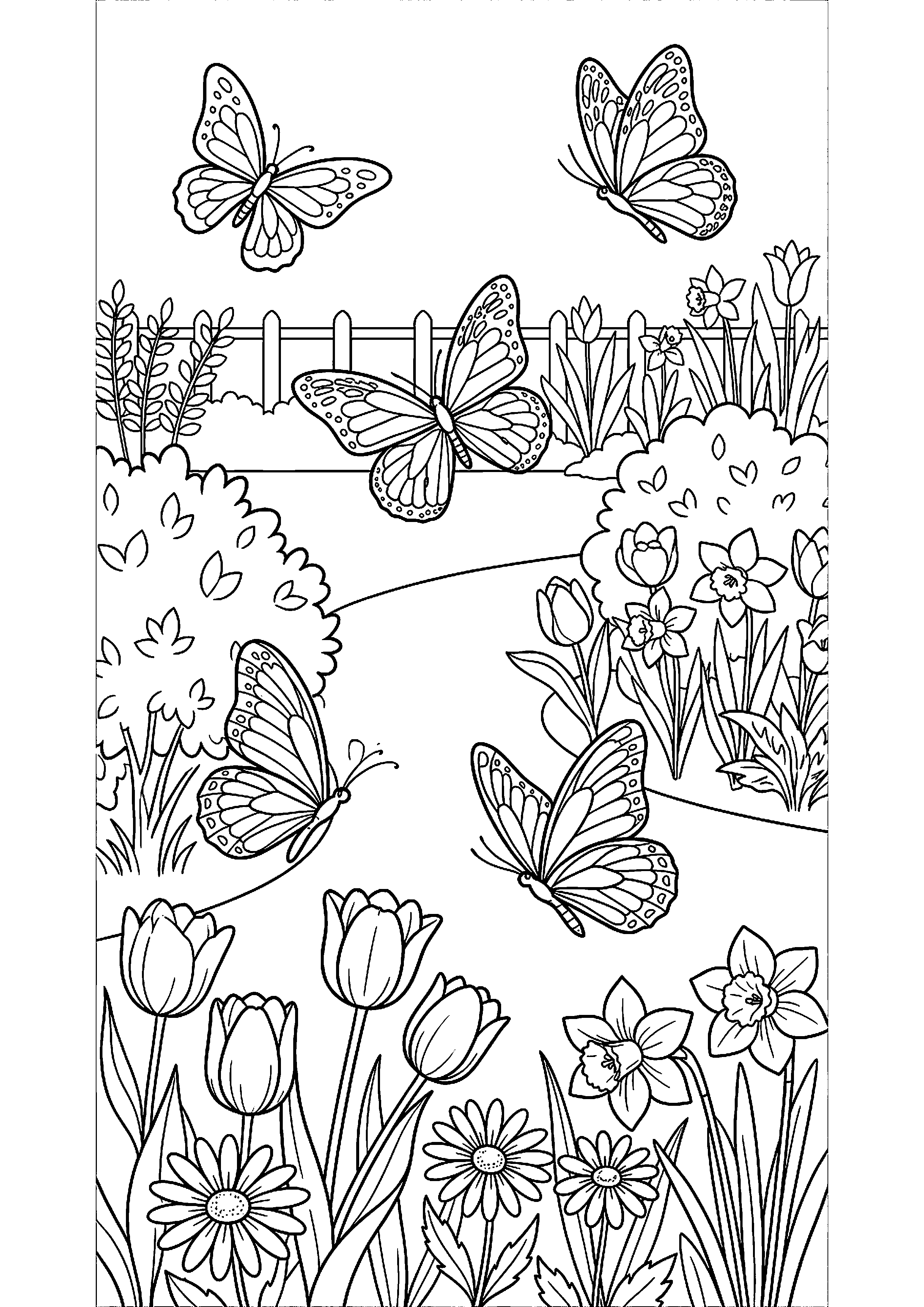 Vlinders vliegen in lentetuin kleurplaat — gratis kleurplaat