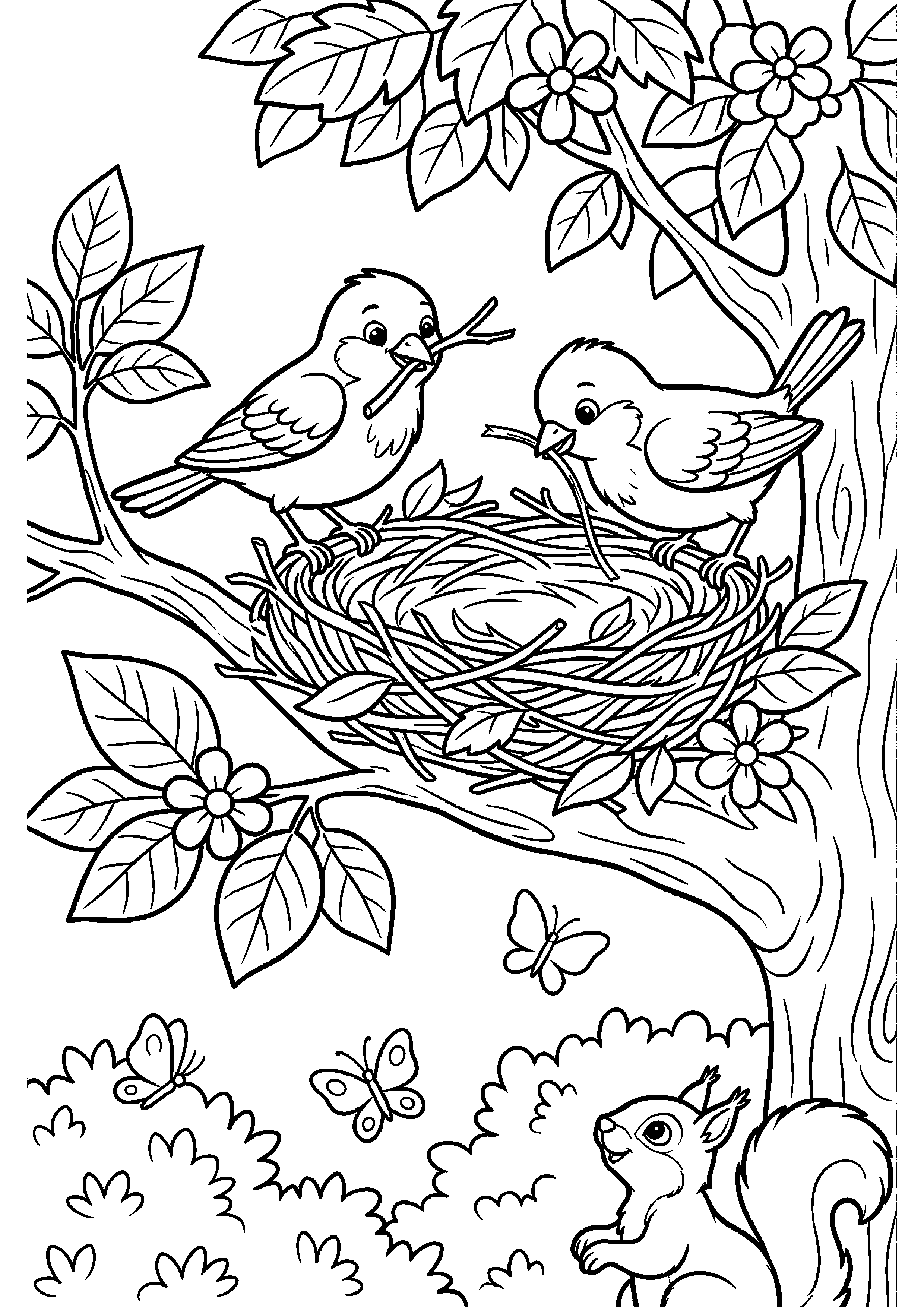 Vogels bouwen nest kleurplaat — gratis kleurplaat