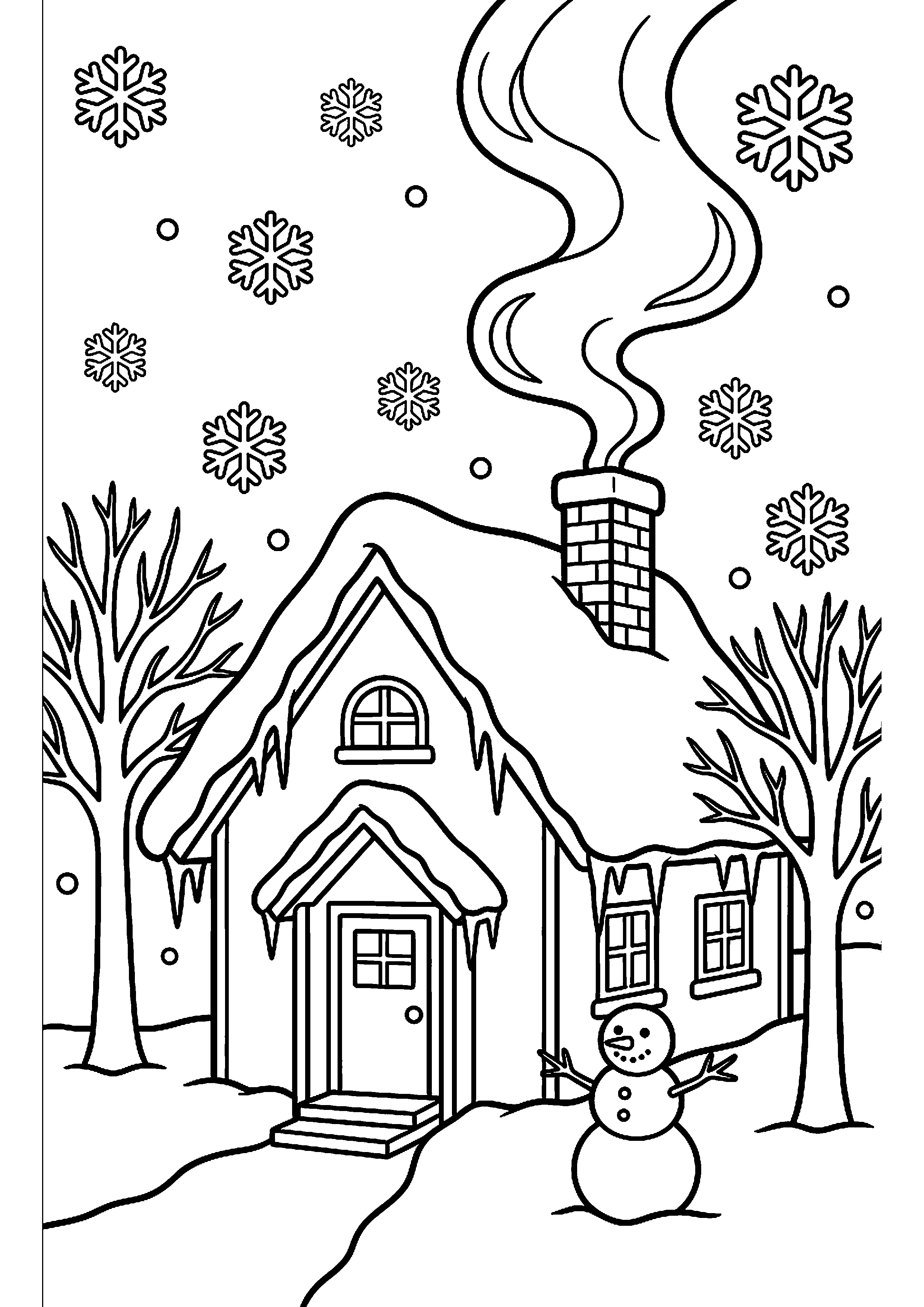 Winterhuis met rook uit schoorsteen kleurplaat — gratis kleurplaat