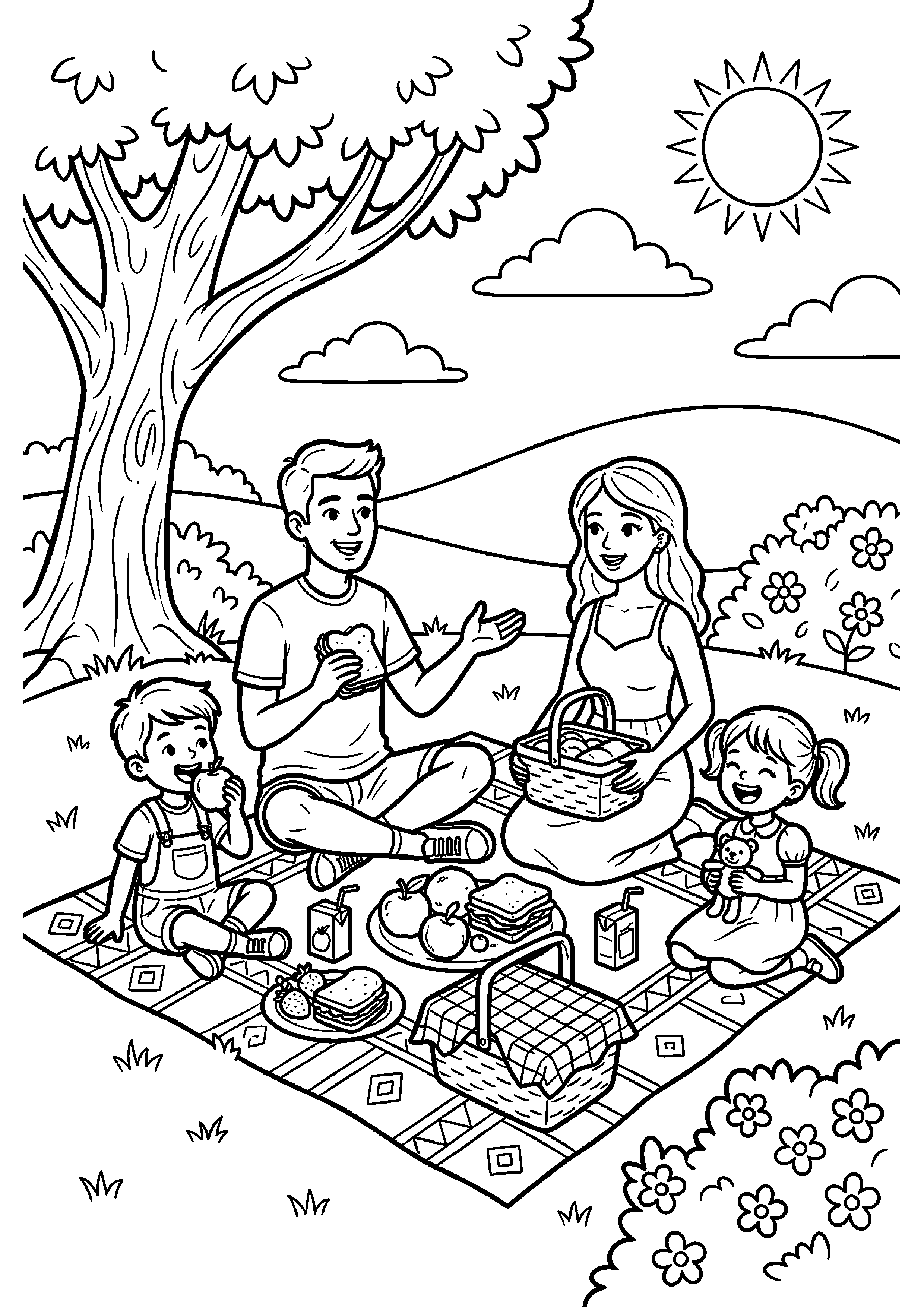 Zomer picknick met familie kleurplaat — gratis kleurplaat