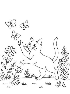 Kat die vlinders achtervolgt Kleurplaat — gratis kleurplaat
