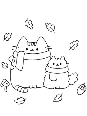 Pusheen en Stormy de kat in de herfst Kleurplaat — gratis kleurplaat