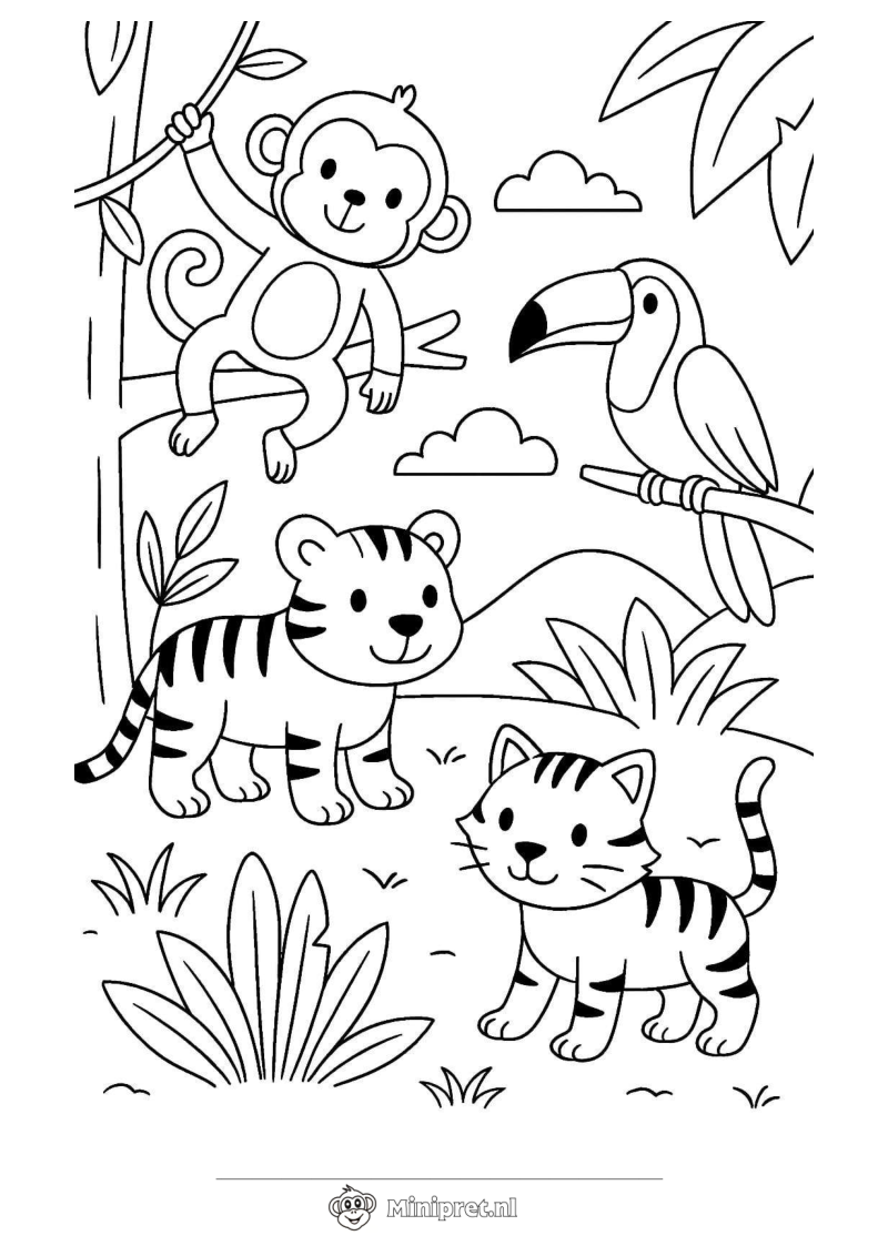Aap en Tijger in de Jungle kleurplaat
