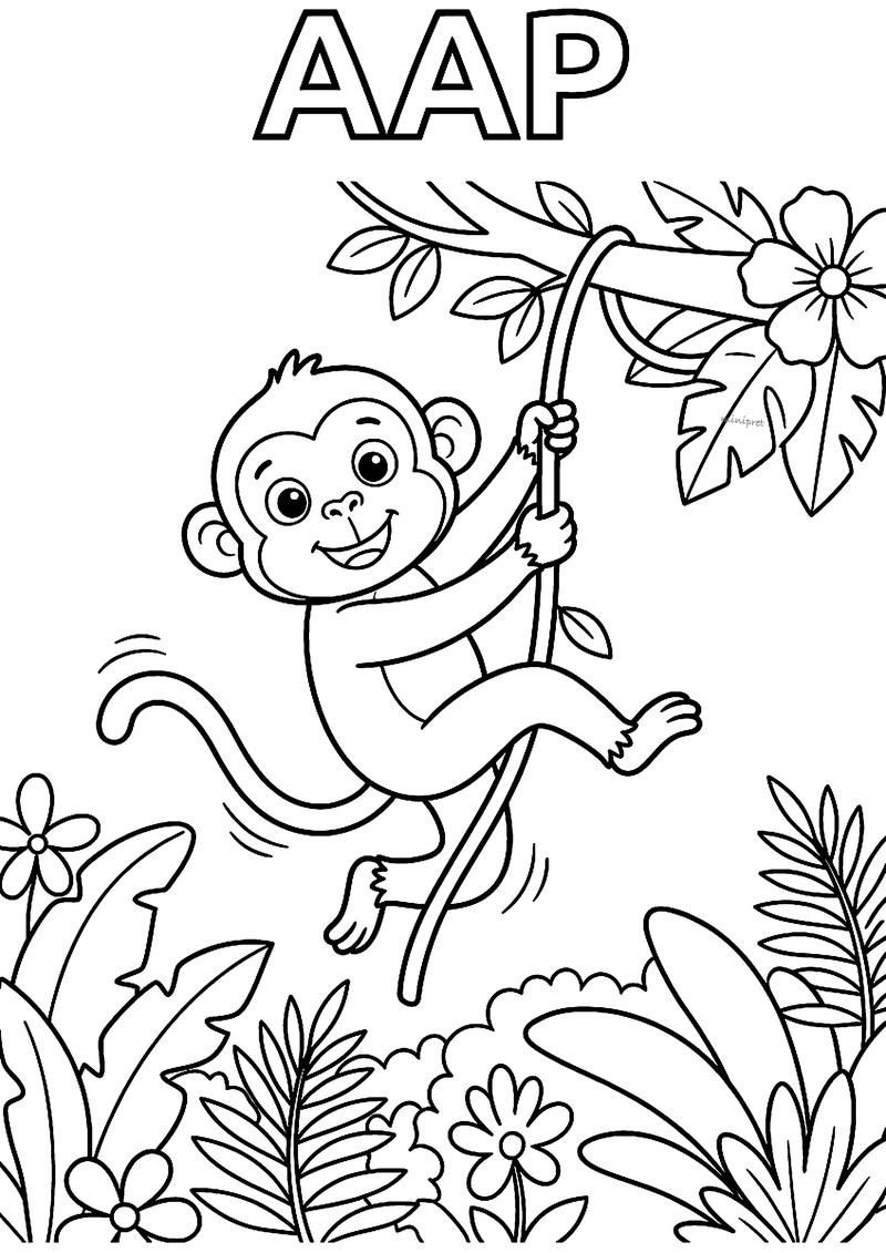 Kleurplaat van een vrolijk aapje dat aan een liaan door de jungle slingert tussen grote bladeren, met AAP erboven