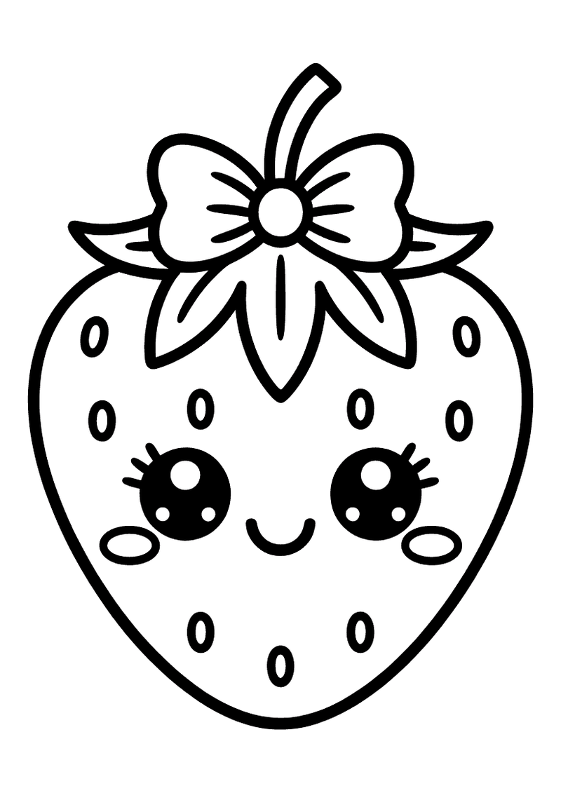 Kawaii kleurplaat van een lachende aardbei met grote ronde ogen en een sierlijke strik bovenop het groene kroontje