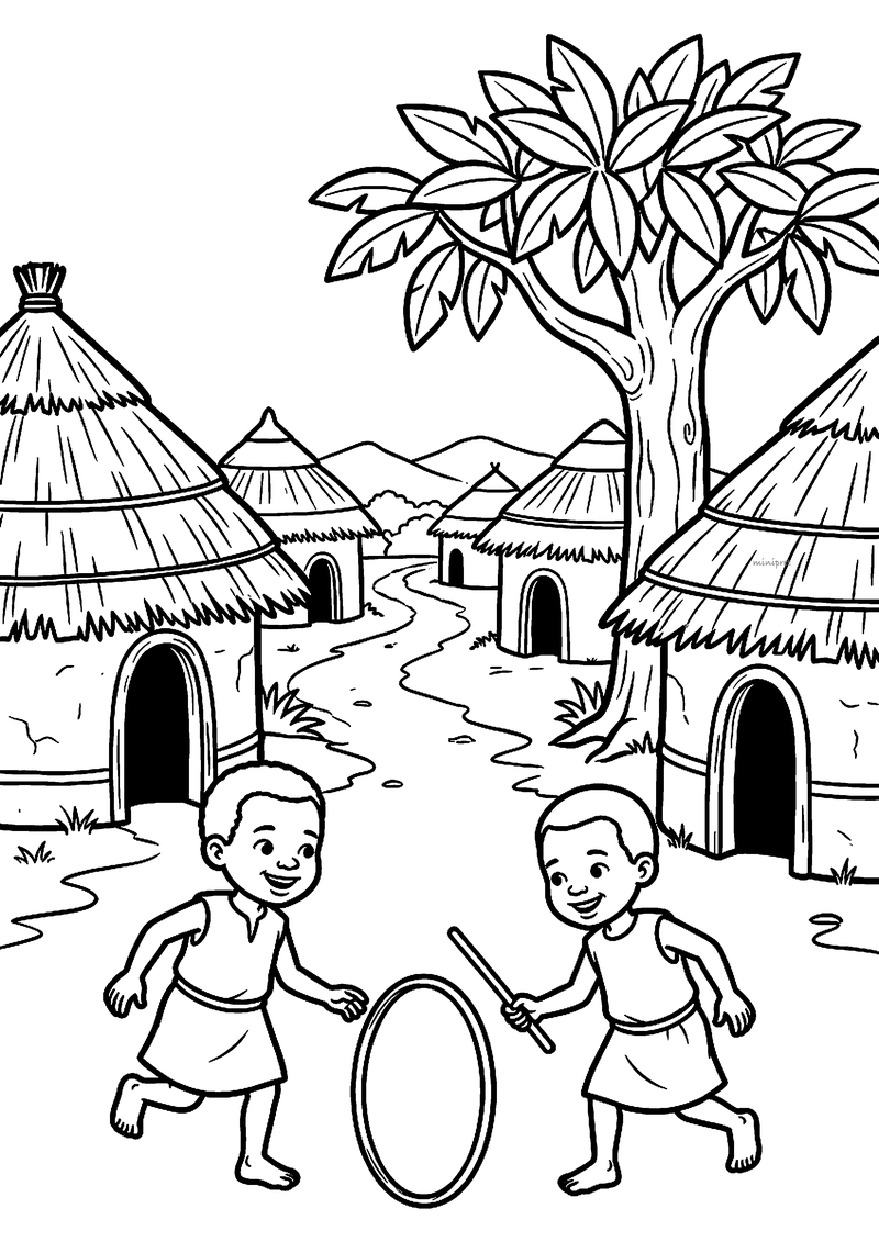 Kleurplaat van twee kinderen die met een hoepel en stok spelen in een Afrikaans dorp met ronde hutten met rieten daken