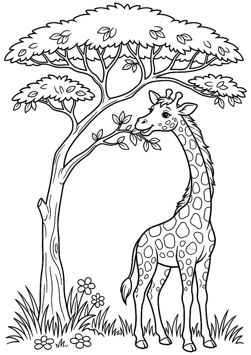 Kleurplaat van een gevlekte giraffe die blaadjes eet van een tak van een grote acaciaboom, met gras en bloemetjes
