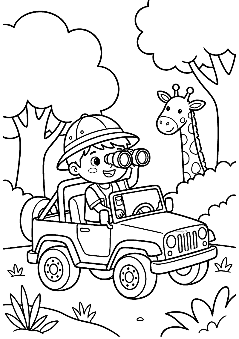 Kleurplaat van een jongen met safarihoed die vanuit een open jeep door een verrekijker kijkt, met een giraffe erachter