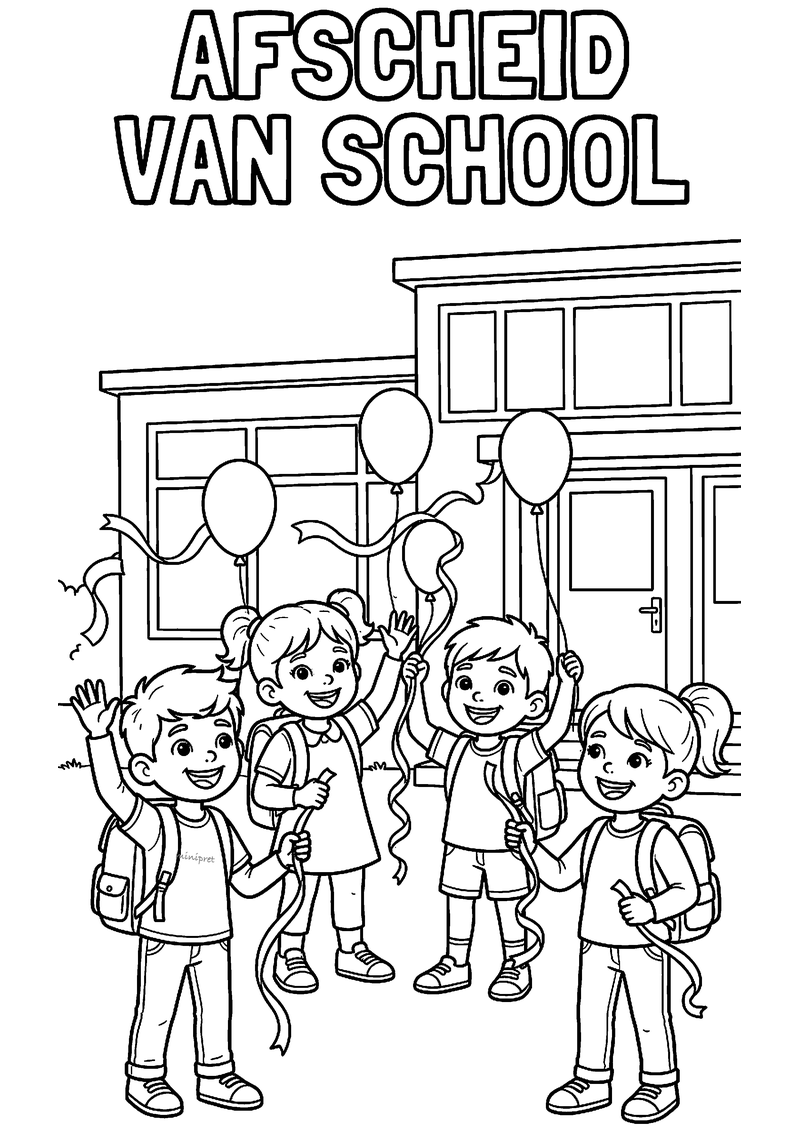Kleurplaat van vier kinderen met ballonnen en rugzakken voor een school, met de tekst Afscheid van school