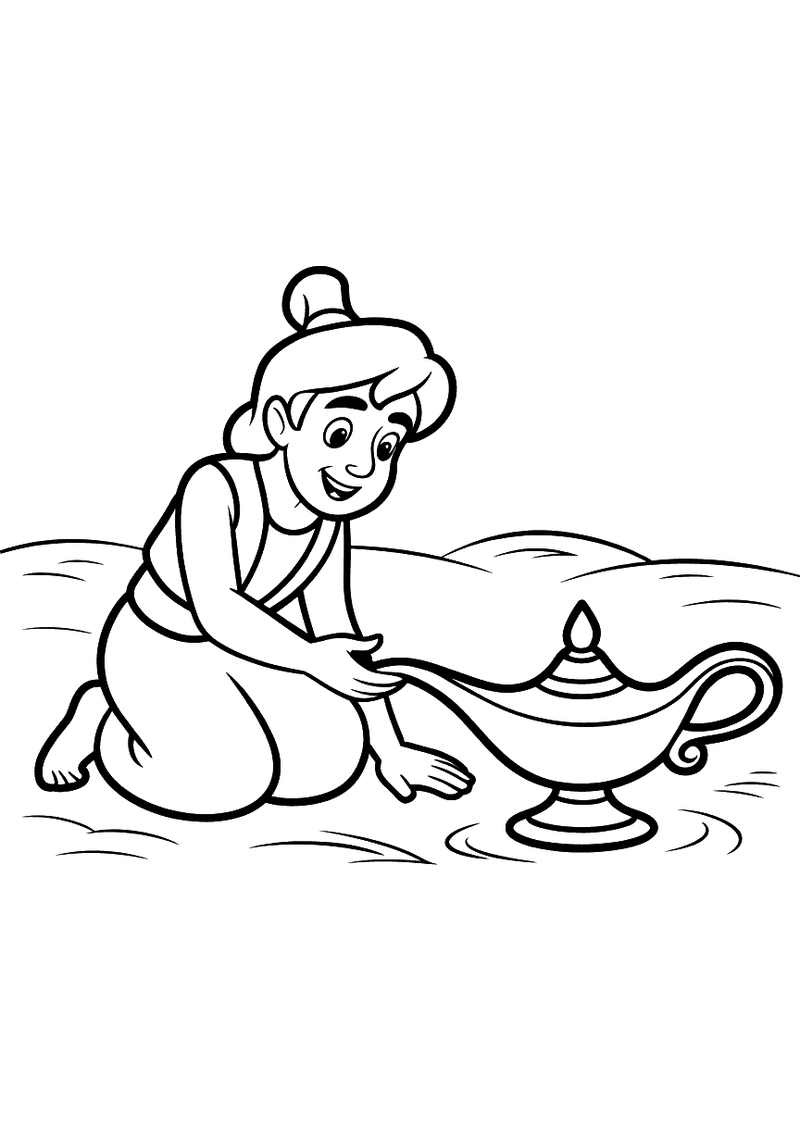 Aladdin Grijpt naar Toverlamp — gratis kleurplaat