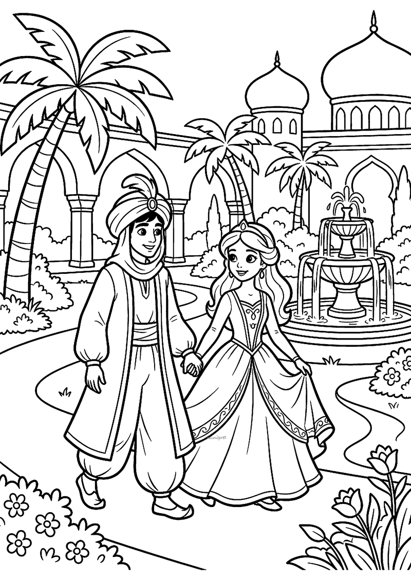 Kleurplaat van Aladdin met tulband en een prinses die hand in hand door de paleistuin lopen met palmen en een fontein