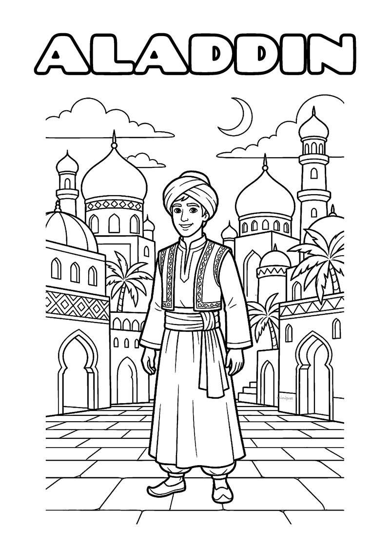 Kleurplaat van Aladdin met tulband en vest op een plein met koepels, palmbomen en een maansikkel