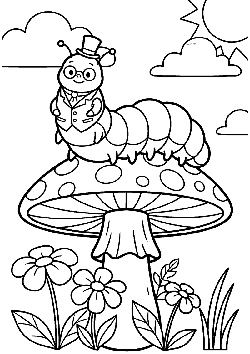 Kleurplaat van de rups uit Alice in Wonderland met hoge hoed, brilletje en vest op een grote gestippelde paddenstoel