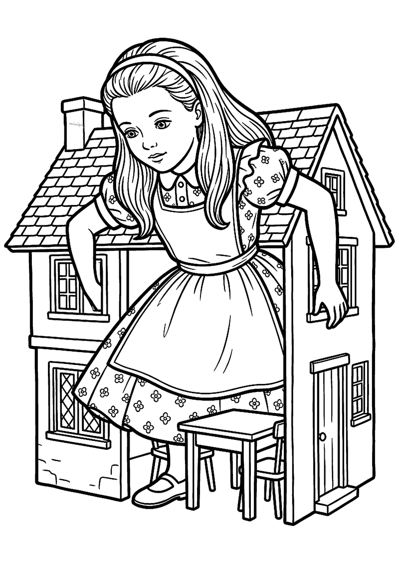 Kleurplaat van een meisje met lang haar en schortjurk dat veel te groot is en gebukt in een klein huisje zit