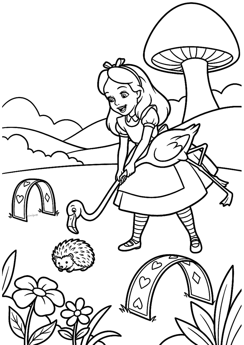 Kleurplaat van Alice die croquet speelt met een flamingo als hamer en een egel als bal, met poortjes en een paddenstoel