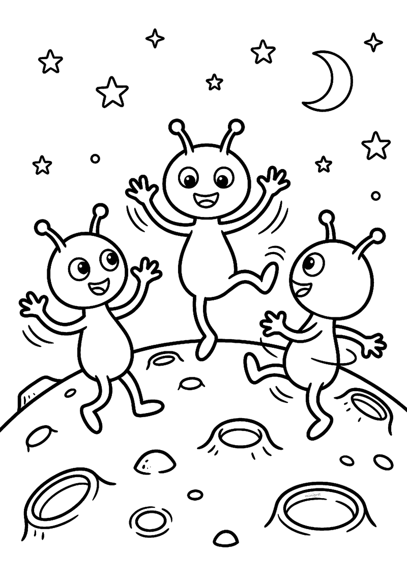 Kleurplaat van drie vrolijke aliens met voelsprieten die dansen op een planeet vol kraters onder sterren en een maan