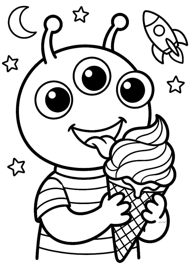 Kleurplaat van een alien met drie ogen en voelsprieten die aan een groot softijsje likt, met sterren en een raket