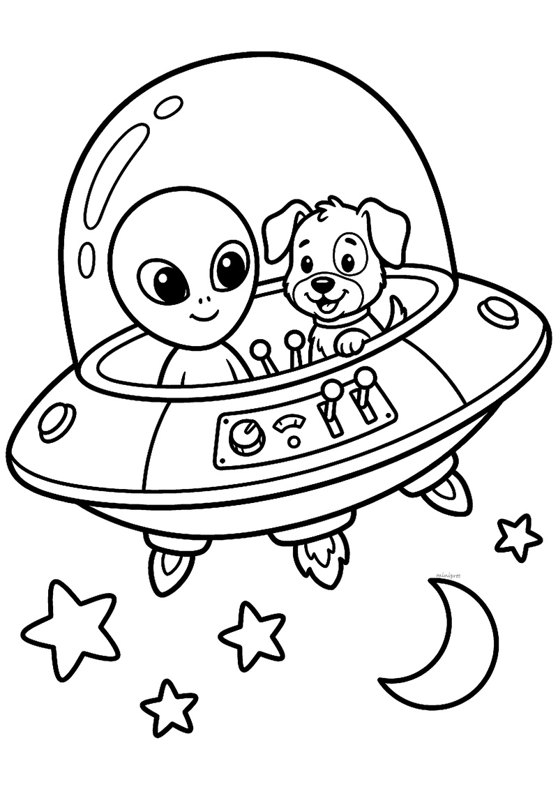 Kleurplaat van een lieve alien met grote ogen en een puppy samen in een vliegende schotel tussen sterren en een maan